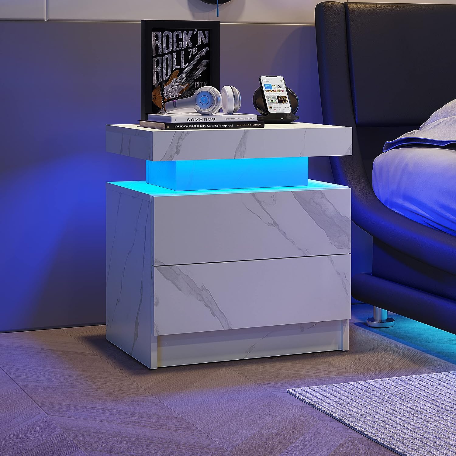 Pefelife Marble Nightstand LED Bedside Table Cabinet Lights Modern