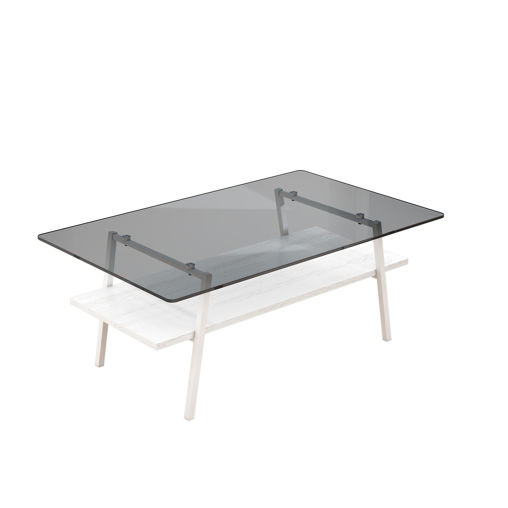 Pefelife Rectangle Coffee Table, Gray Tempered Glass Tabletop with Black Metal Legs