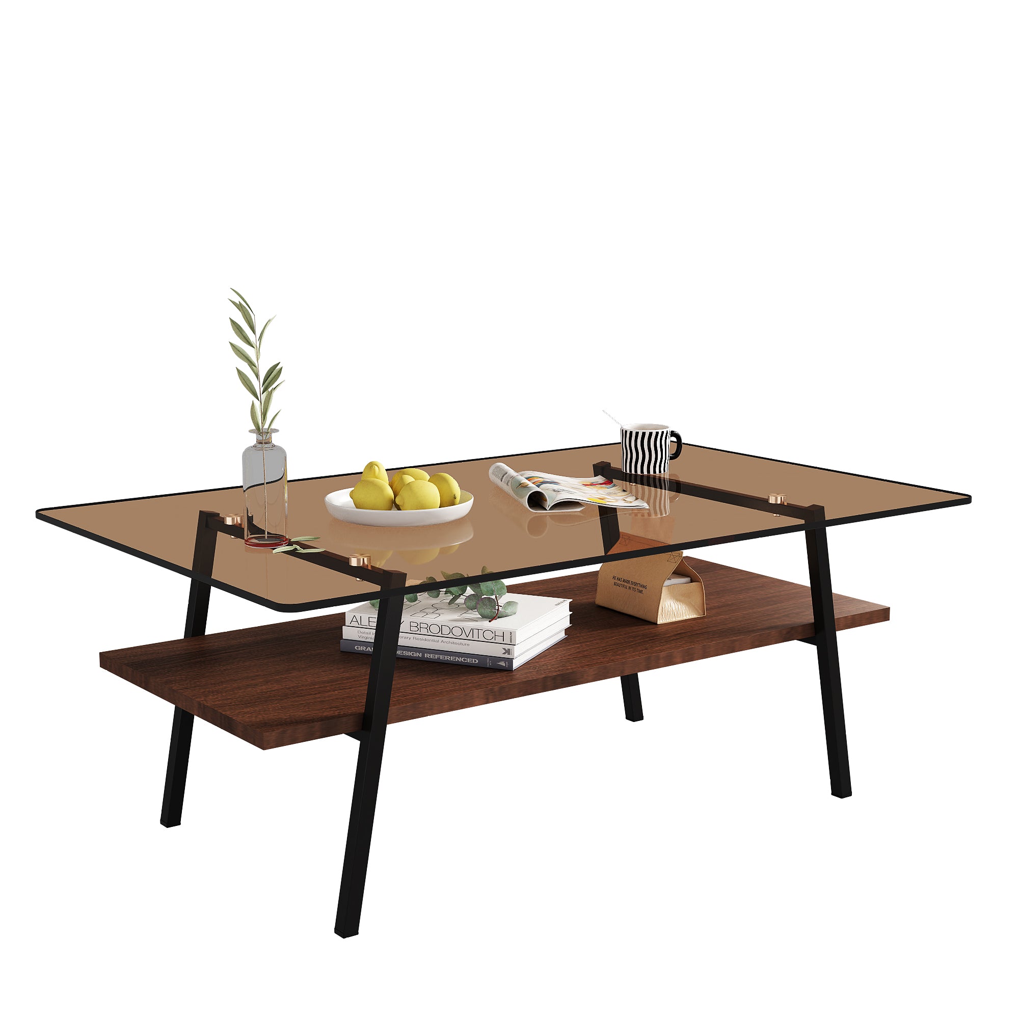 Pefelife Rectangle Coffee Table, Brown Tempered Glass Tabletop with Black Metal Legs