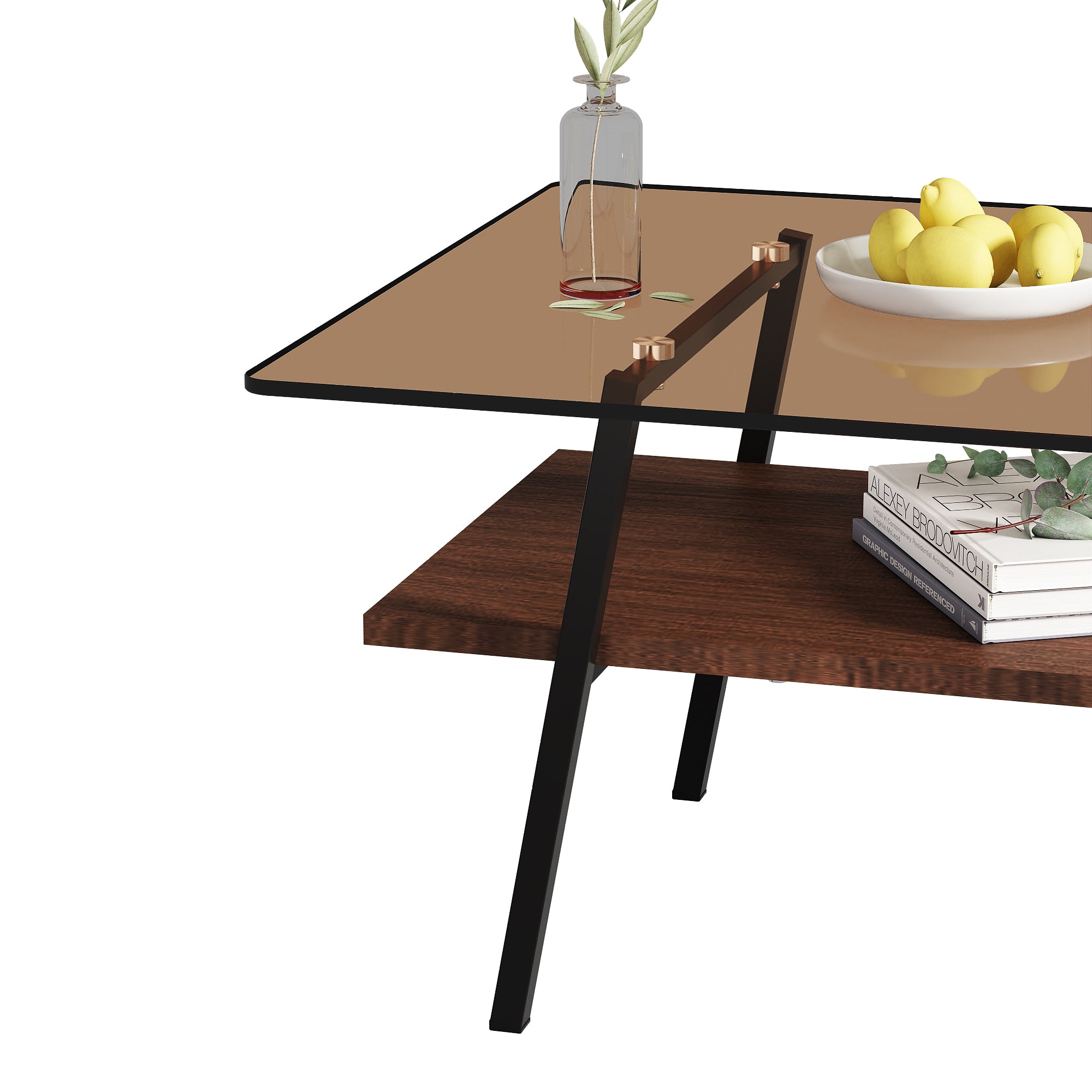 Pefelife Rectangle Coffee Table, Brown Tempered Glass Tabletop with Black Metal Legs