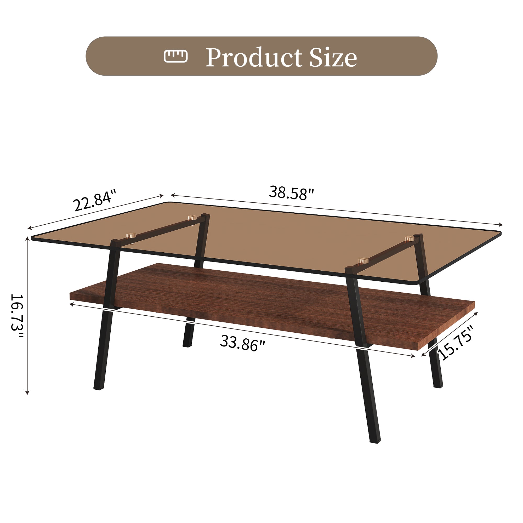 Pefelife Rectangle Coffee Table, Brown Tempered Glass Tabletop with Black Metal Legs