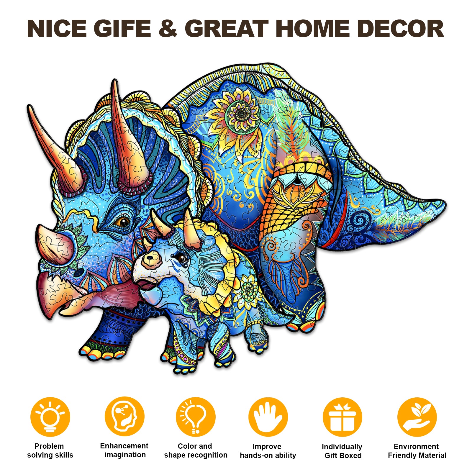 Pefelife Wooden Jigsaw Puzzle for Adults, Triceratops Puzzle