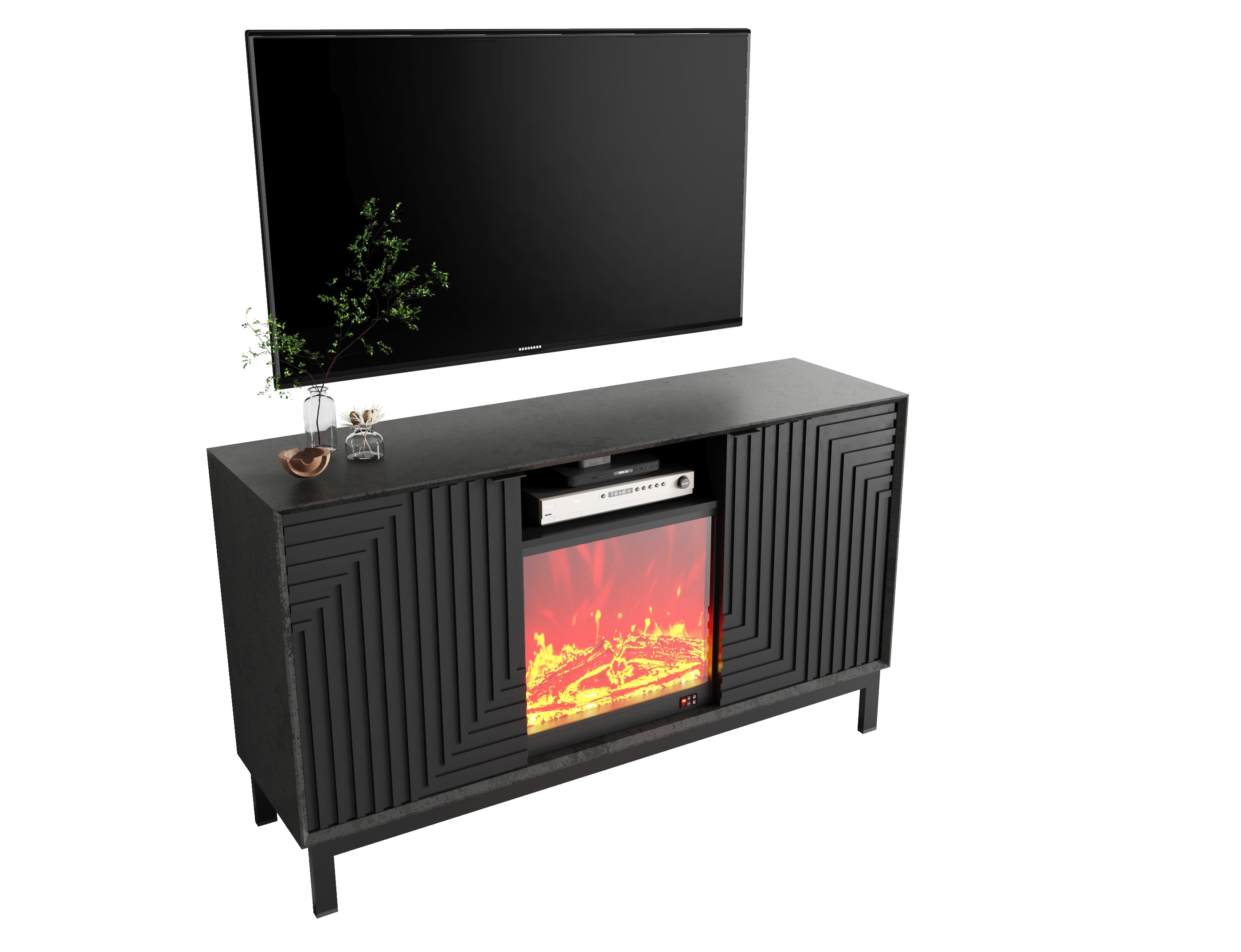 Pefelife Fireplace TV Stand with Unique Z-Shaped Door Mid Century Modern Cabinet