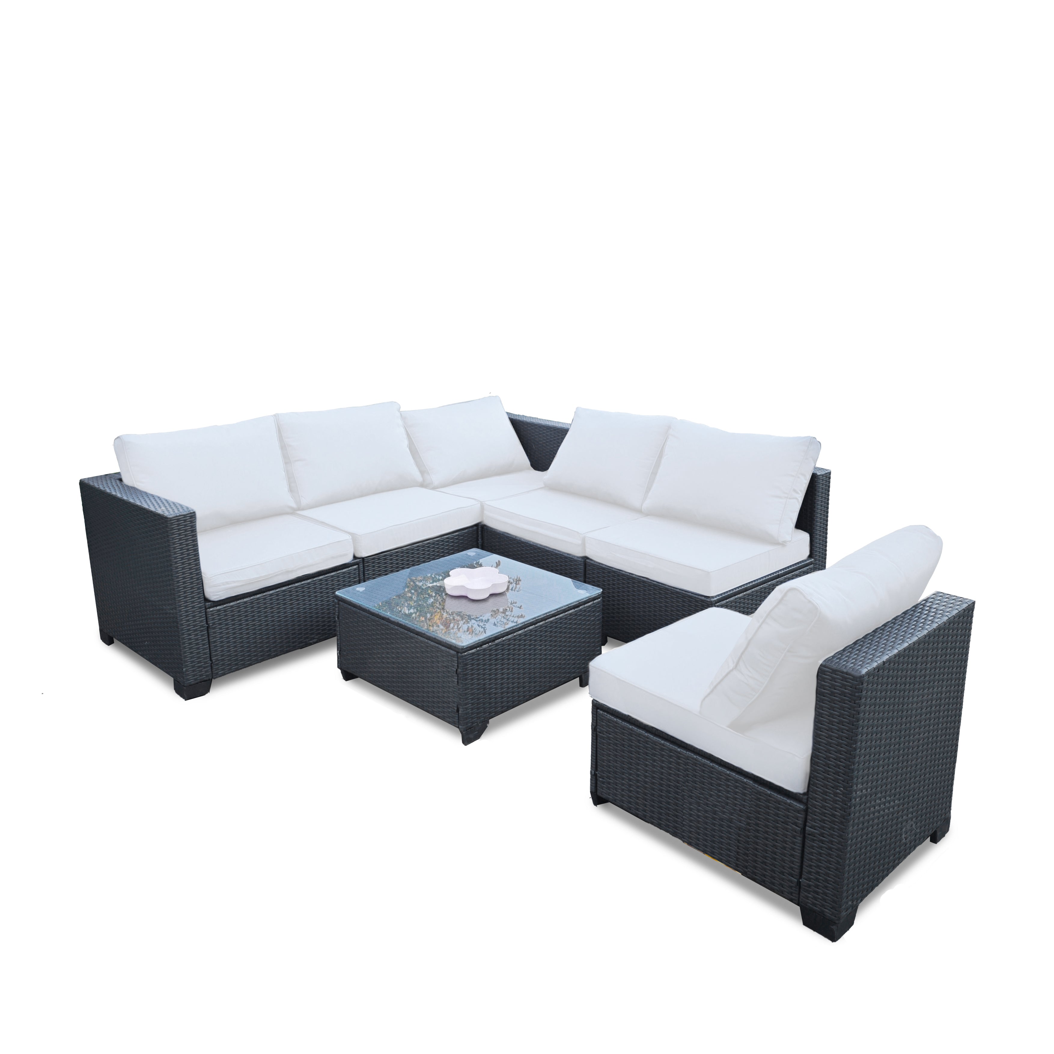 Pefelife 7PCS Patio Rattan Furniture Set Sofa Coffee Table Ottoman Navy