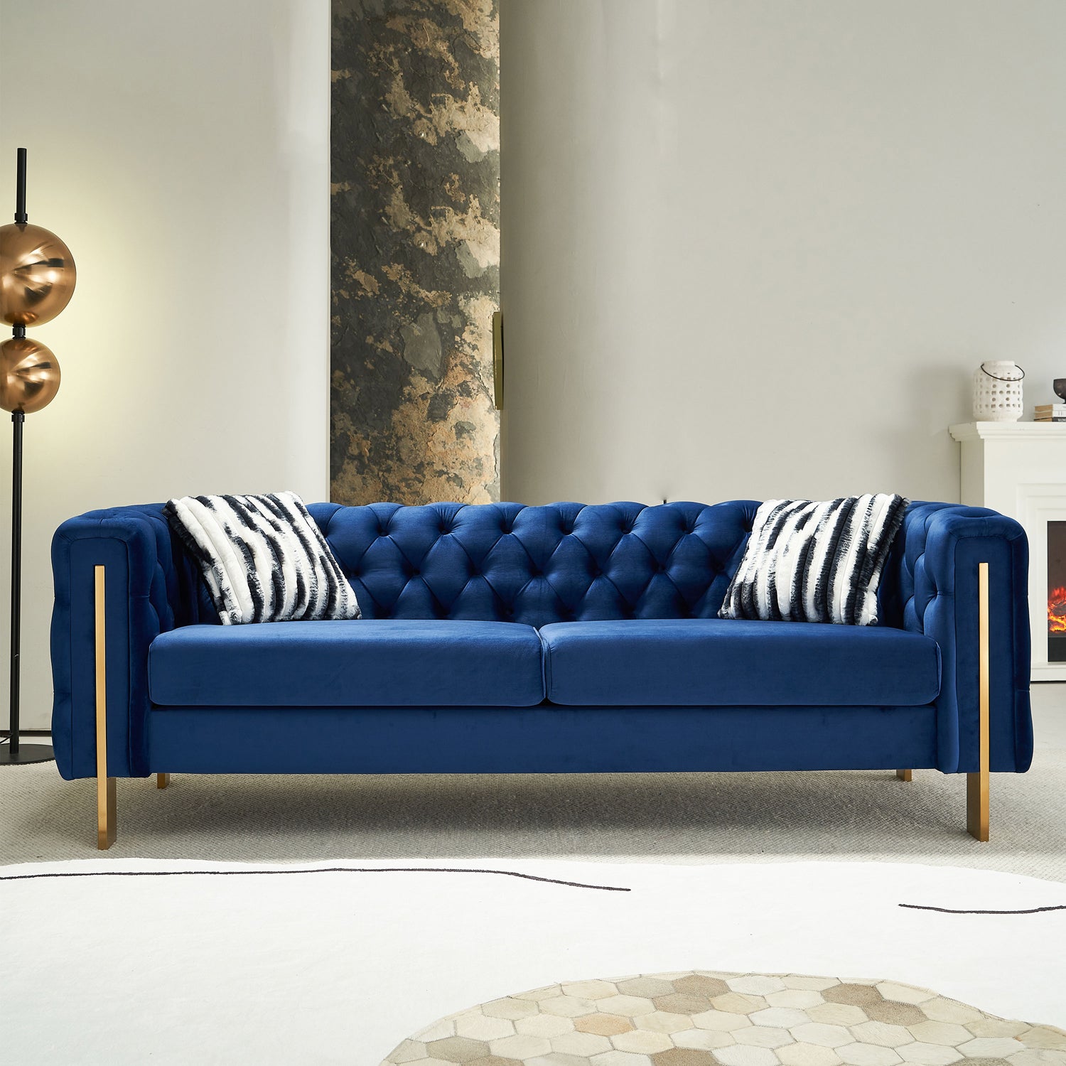 Pefelife Modern Button Tufted Velvet Sofa, Chesterfield Sofa with Square Arm