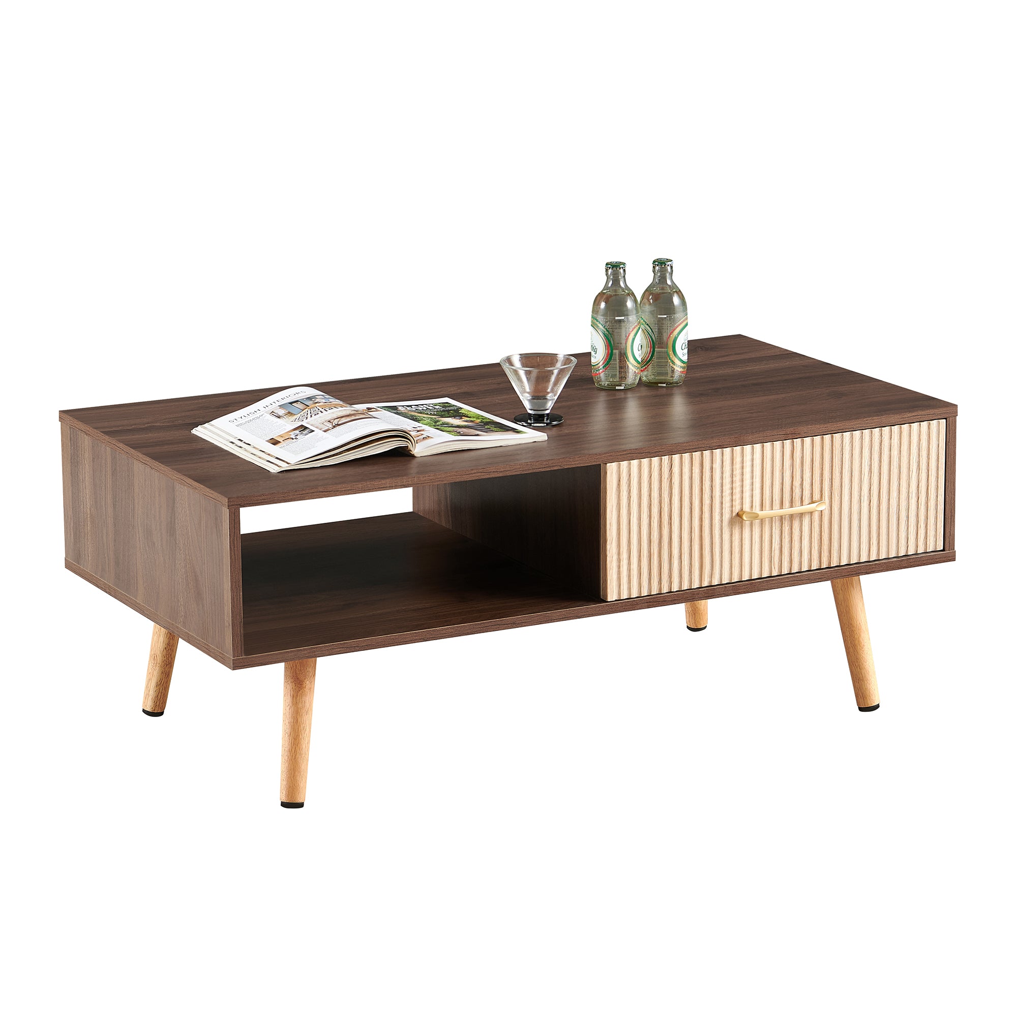 Pefelife Coffee Table with Storage and Sliding Rattan Door Panel, Walnut Tabletop