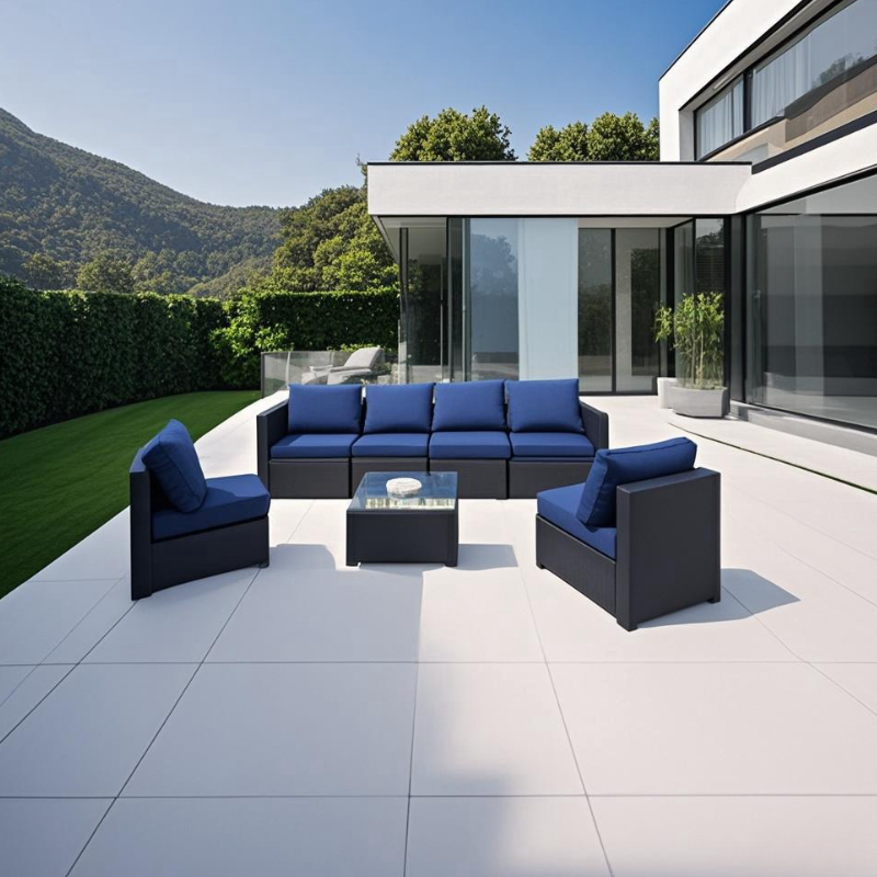 Pefelife 7PCS Patio Rattan Furniture Set Sofa Coffee Table Ottoman Navy