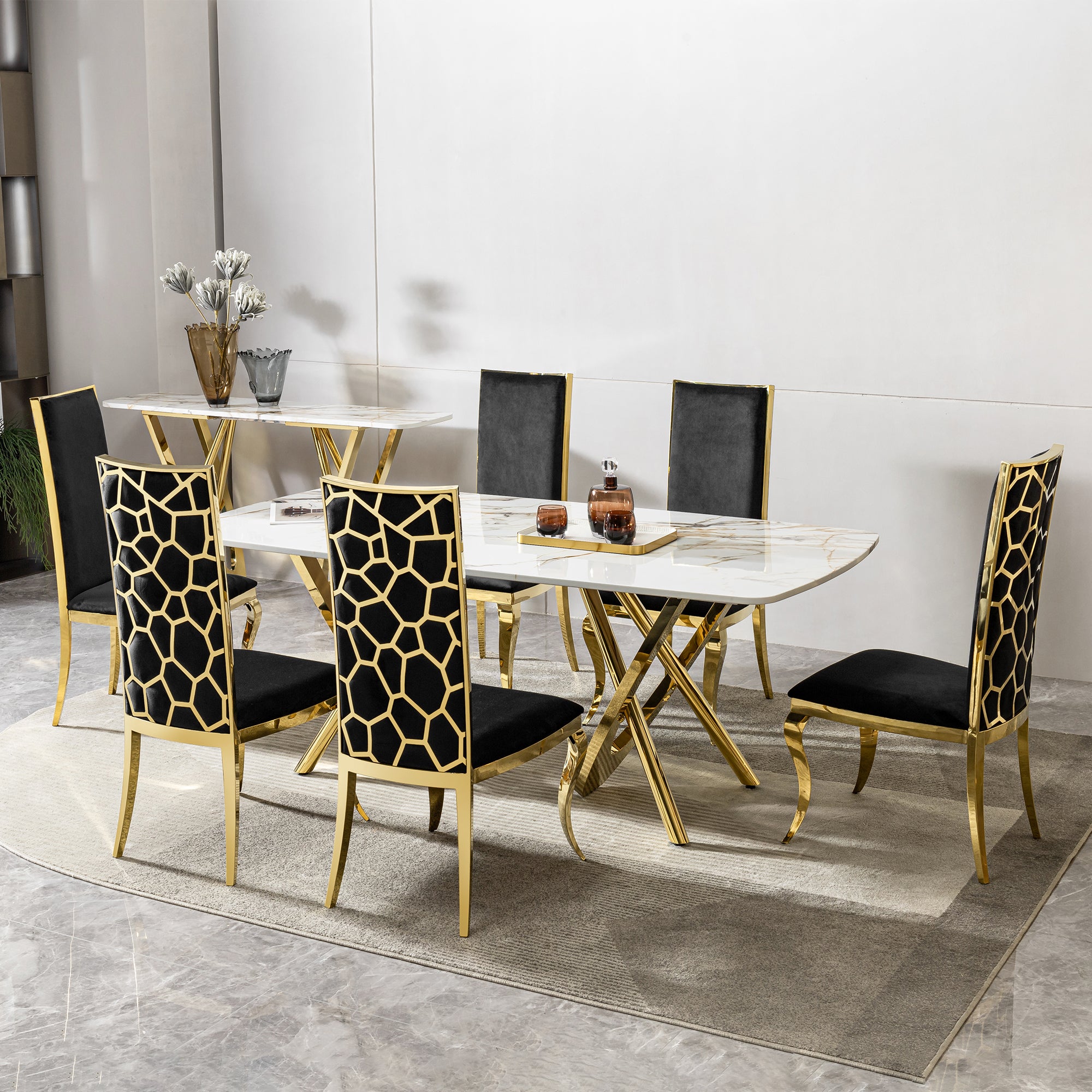 Pefelife Rectangular Marble Dining Table, 6-8 Seater, Gold Stainless Steel Legs
