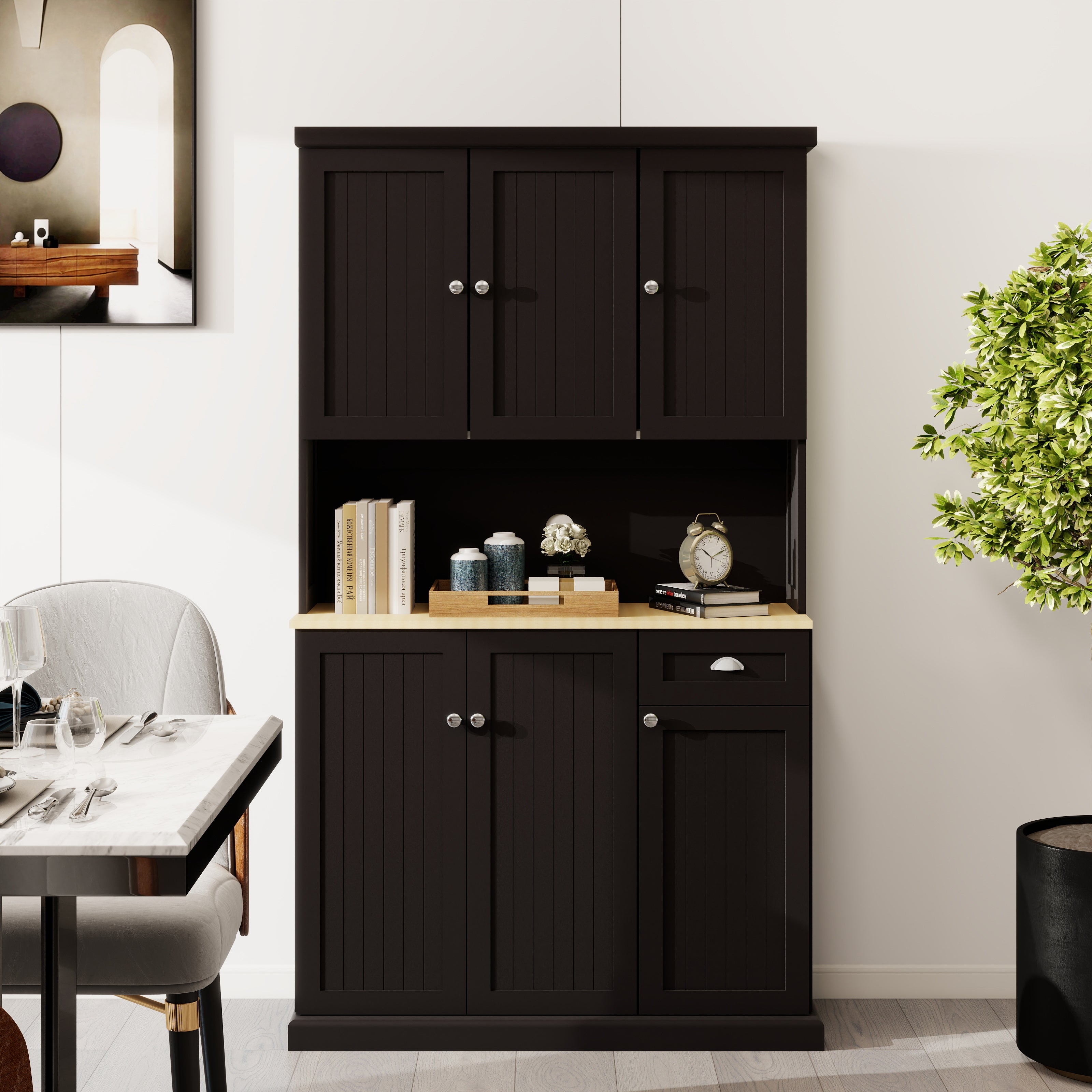 Pefelife 71" Buffet with Hutch, Modern Farmhouse Kitchen Pantry Storage Cabinet