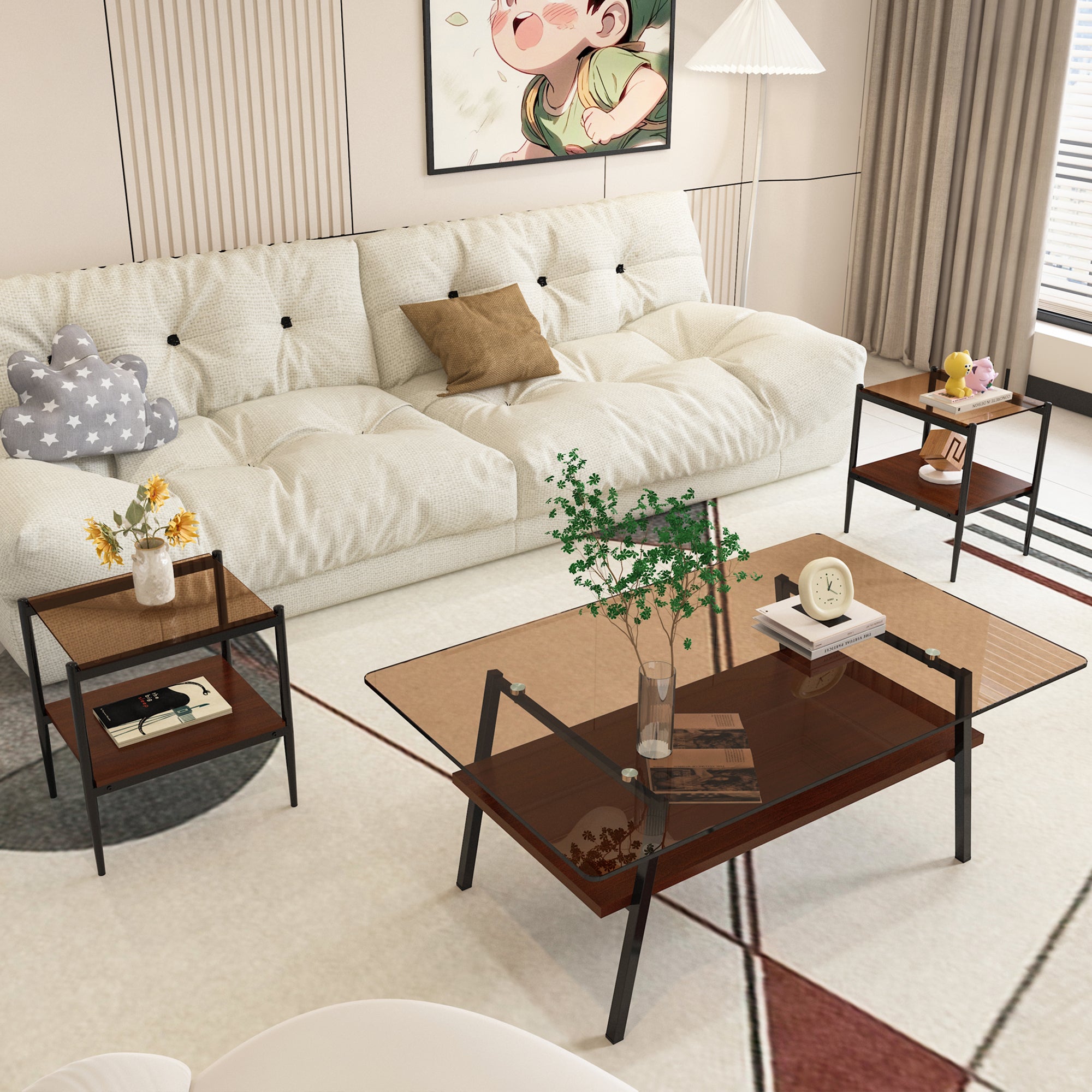 Pefelife Coffee Table Set and End Tables Set with Tempered Glass Tabletop and Metal Frame