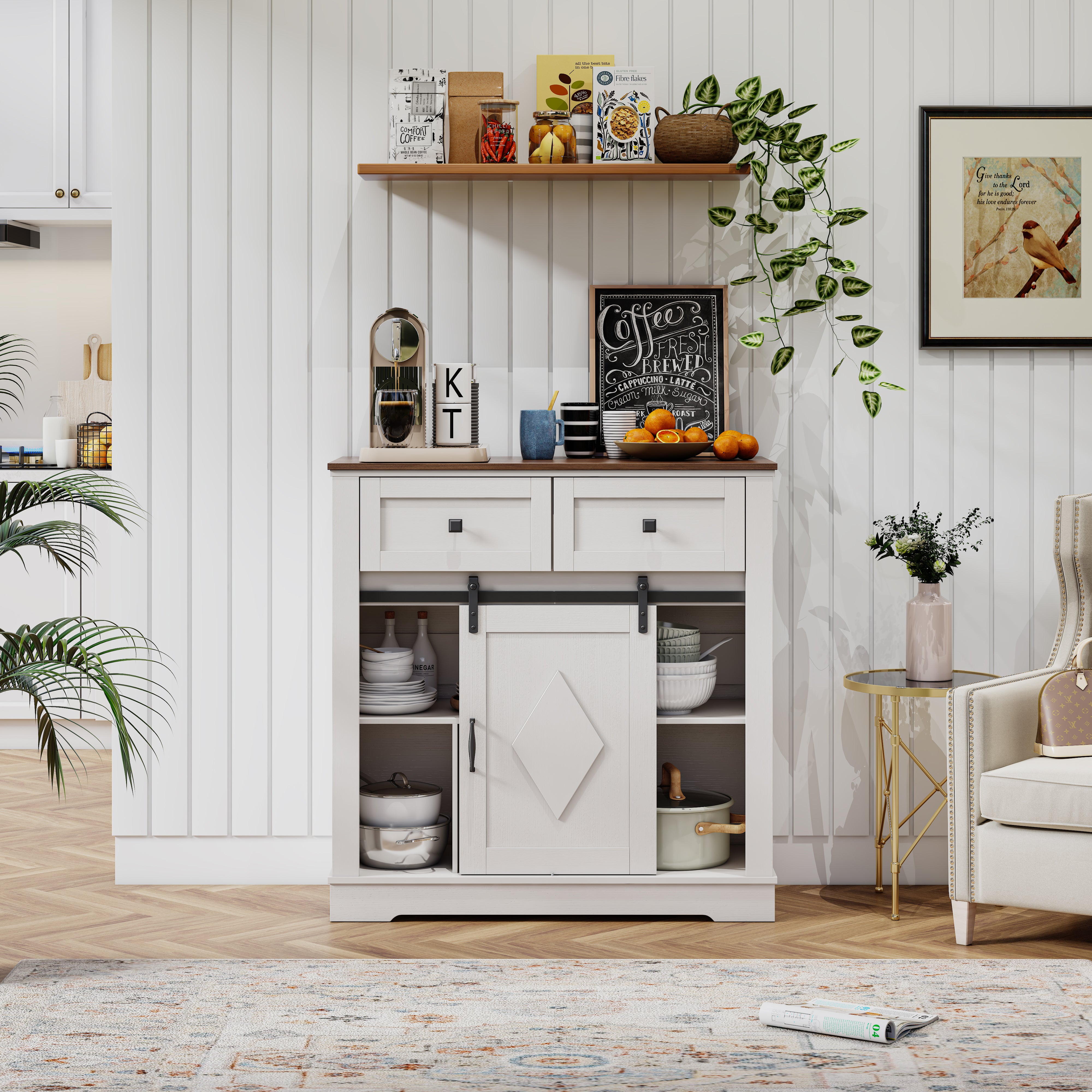 Pefelife Farmhouse Coffee Bar, Wood Accent Floor Cupboard Cabinet Antique White