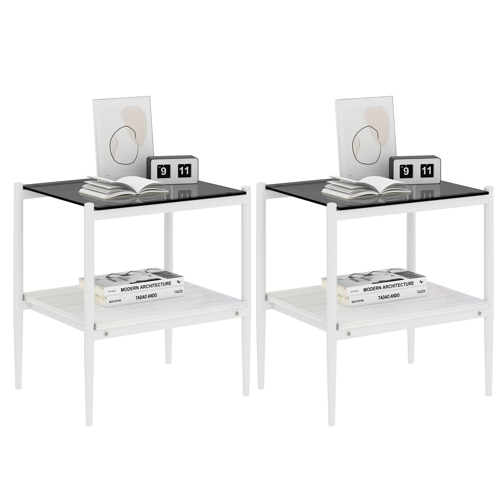 Pefelife Tempered Glass End Table Set of 2 with Wooden Storage Shelf