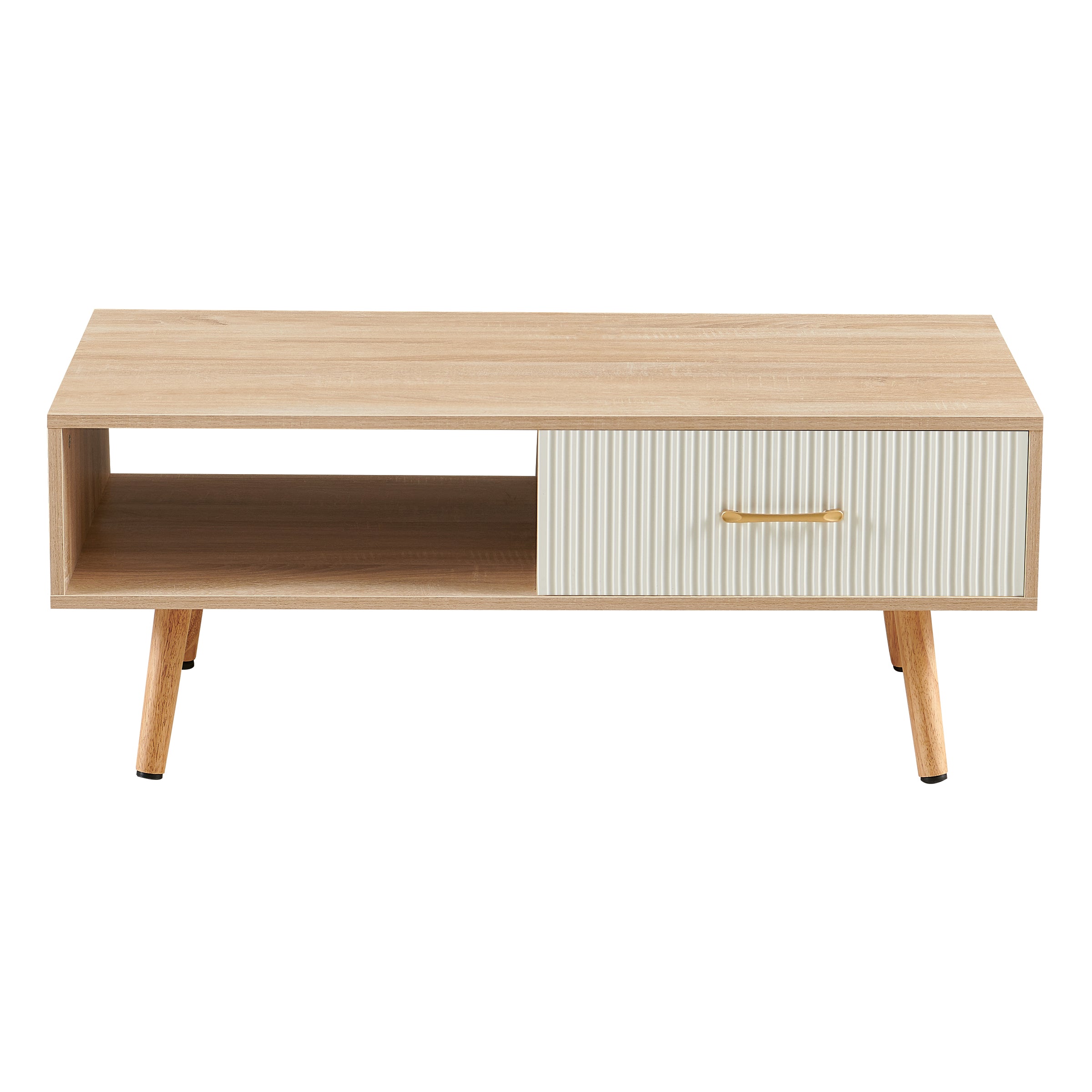 Pefelife Coffee Table with Storage and Sliding Rattan Door Panel, Natural Tabletop