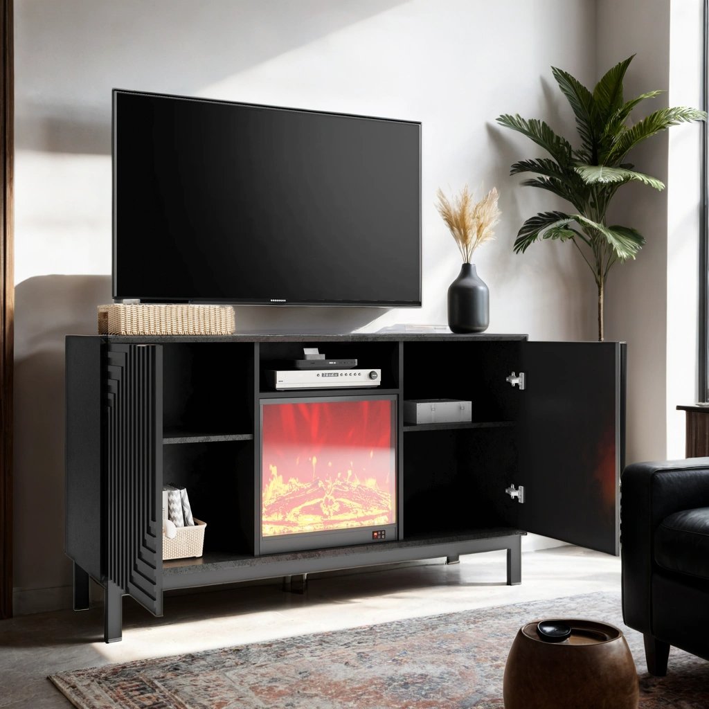 Pefelife Fireplace TV Stand with Unique Z-Shaped Door Mid Century Modern Cabinet