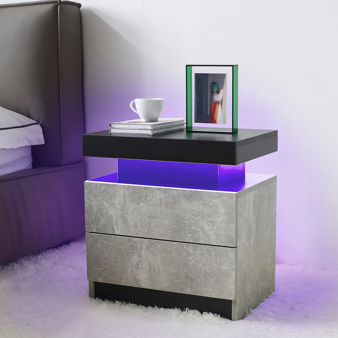 Pefelife Nightstand LED Bedside Table Cabinet Lights Modern