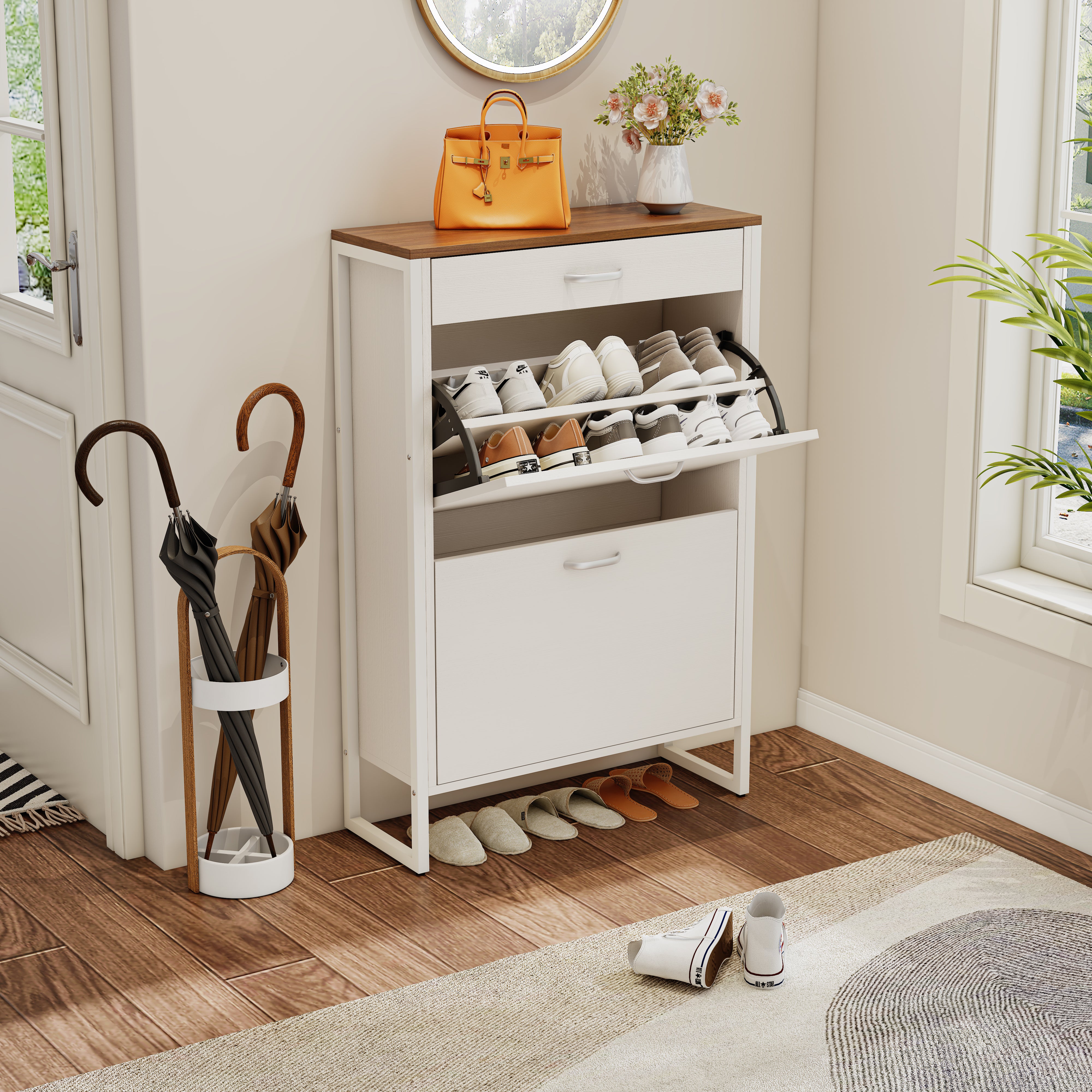 Pefelife Freestanding Shoe Storage Cabinet, 2 Flip Drawers & Top Drawer for Entryway