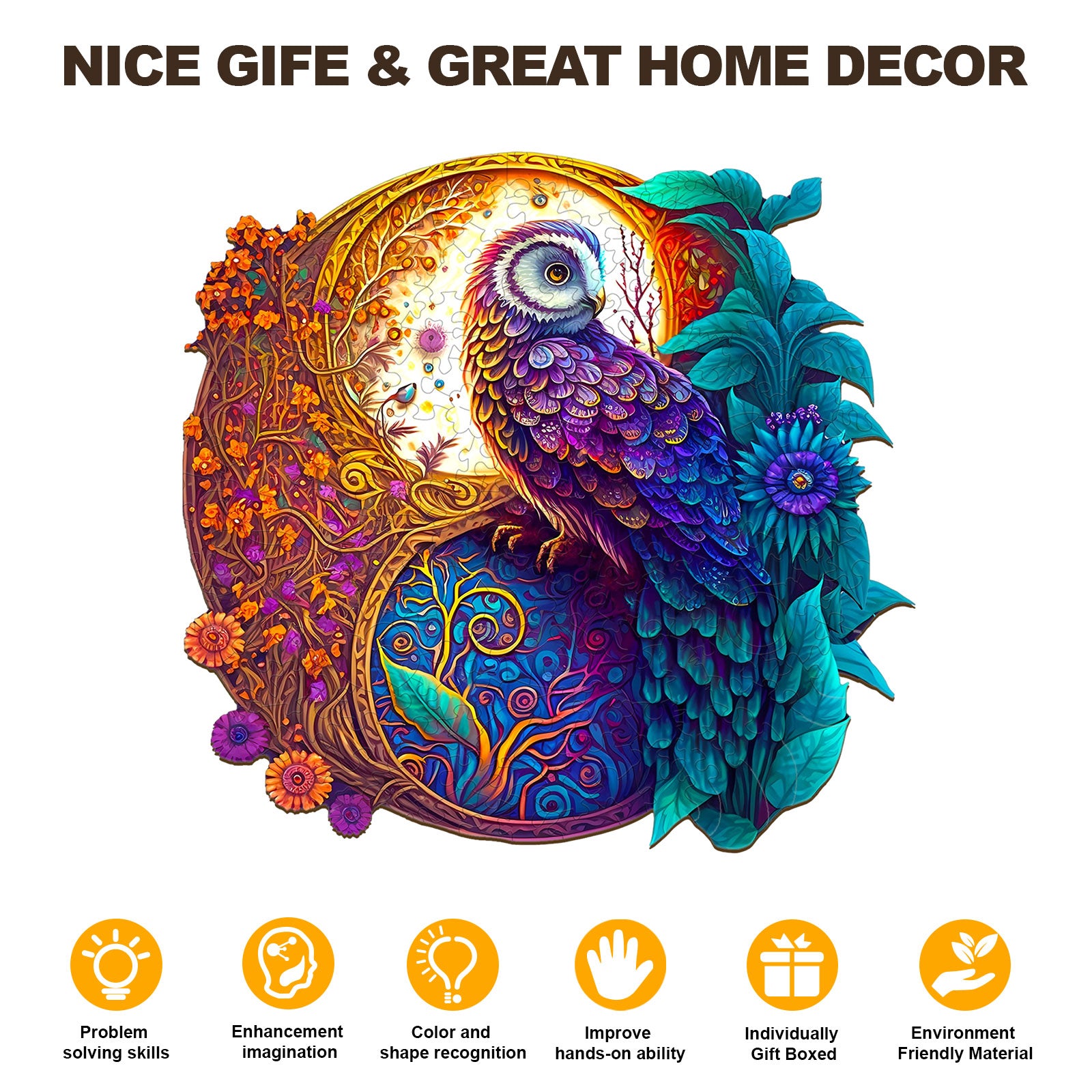 Pefelife Wooden Jigsaw Puzzle for Adults, Mandala Yin-yang Owl Puzzle
