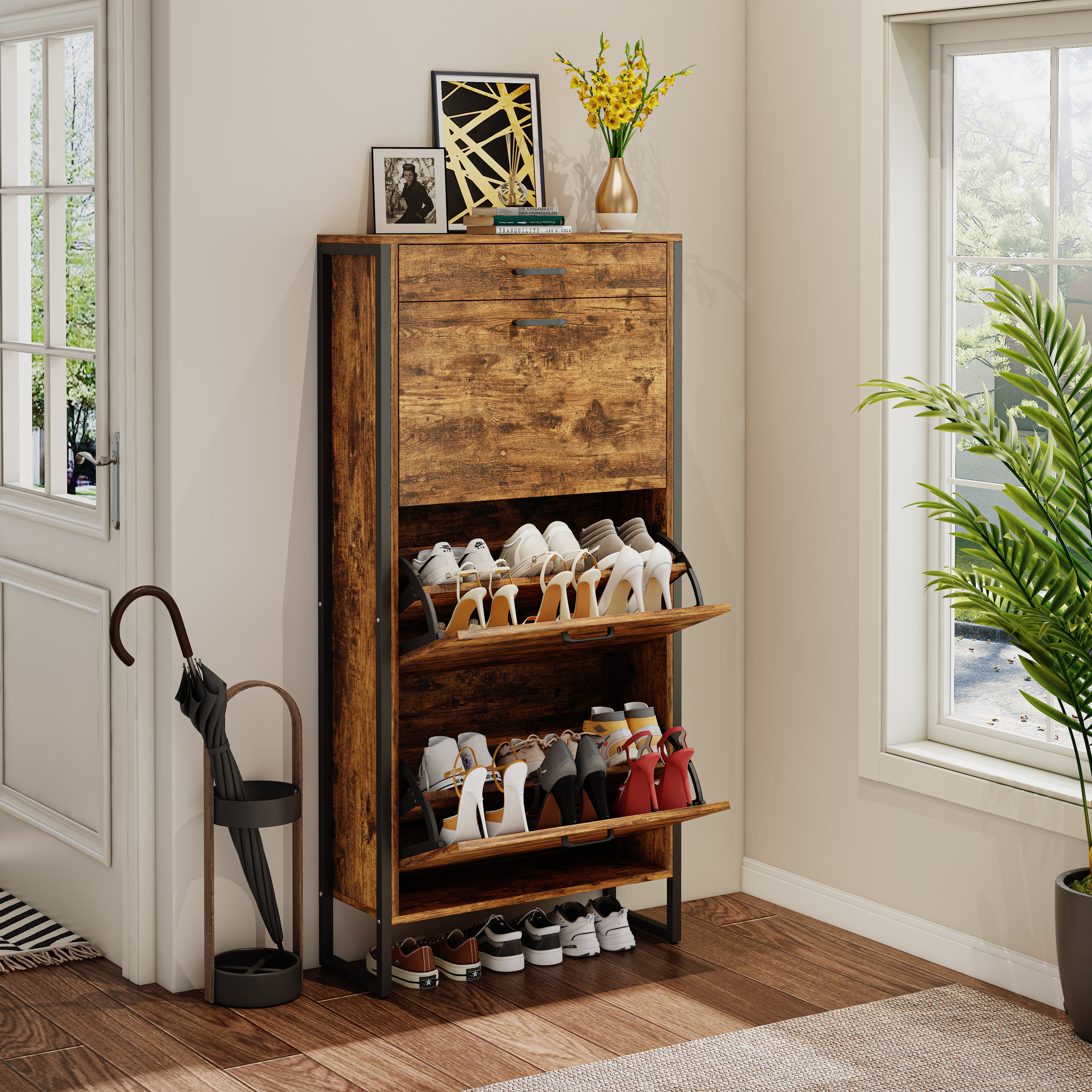 Pefelife Shoe Cabinet with 3 Flip Drawers&1 Drawer for Entryway