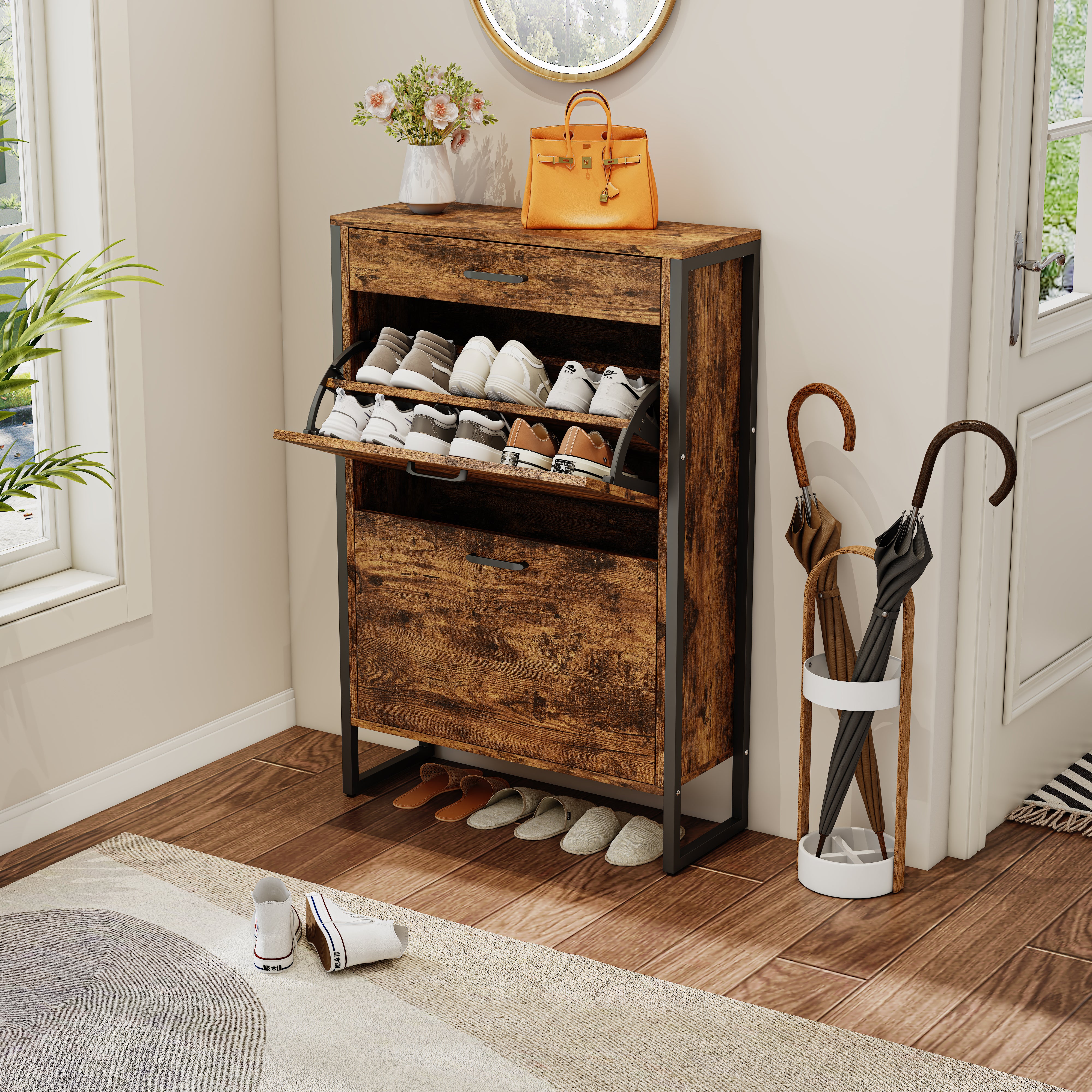 Pefelife Freestanding Shoe Storage Cabinet, 2 Flip Drawers & Top Drawer for Entryway