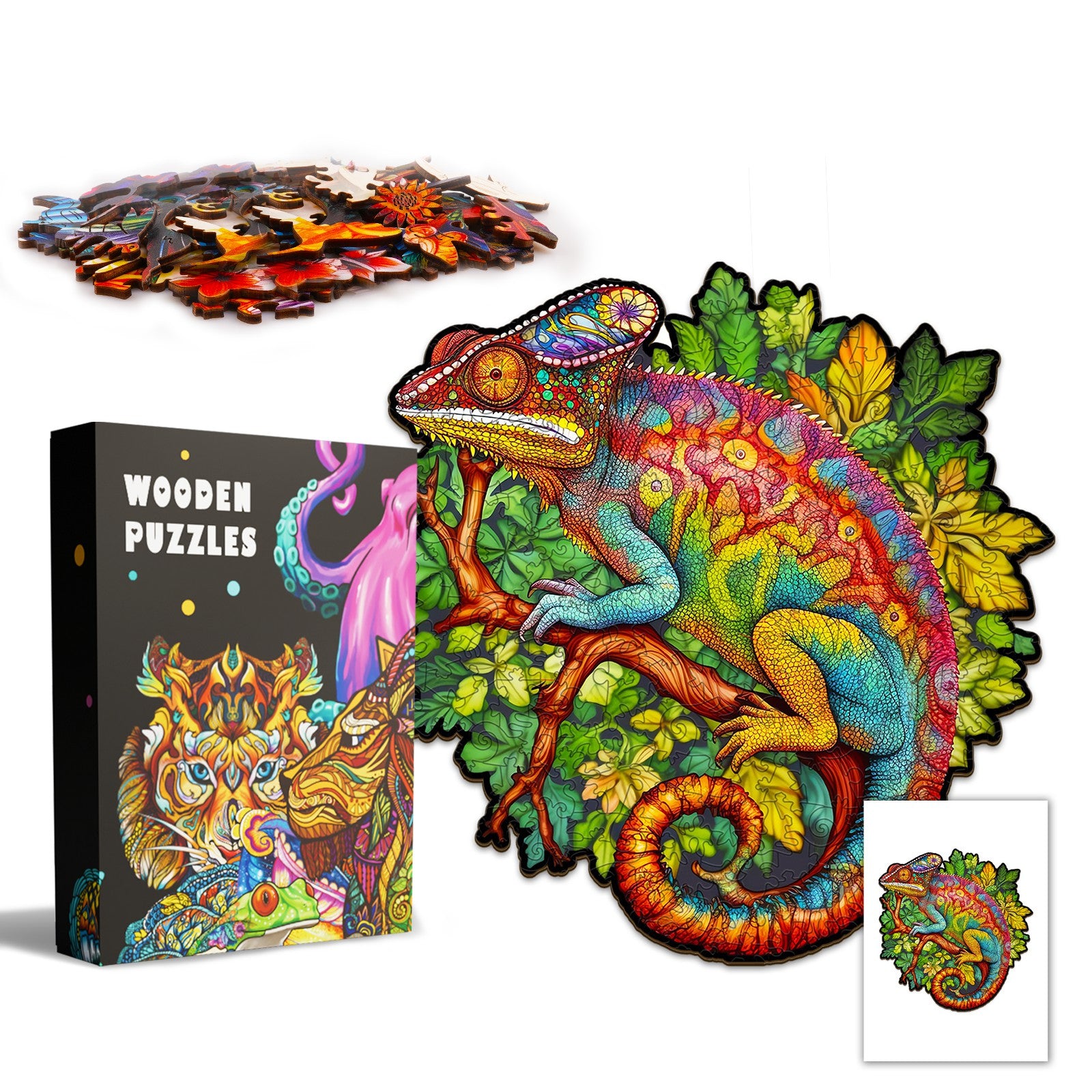 Pefelife Wooden Jigsaw Puzzle for Adults, Colored Chameleon Puzzle