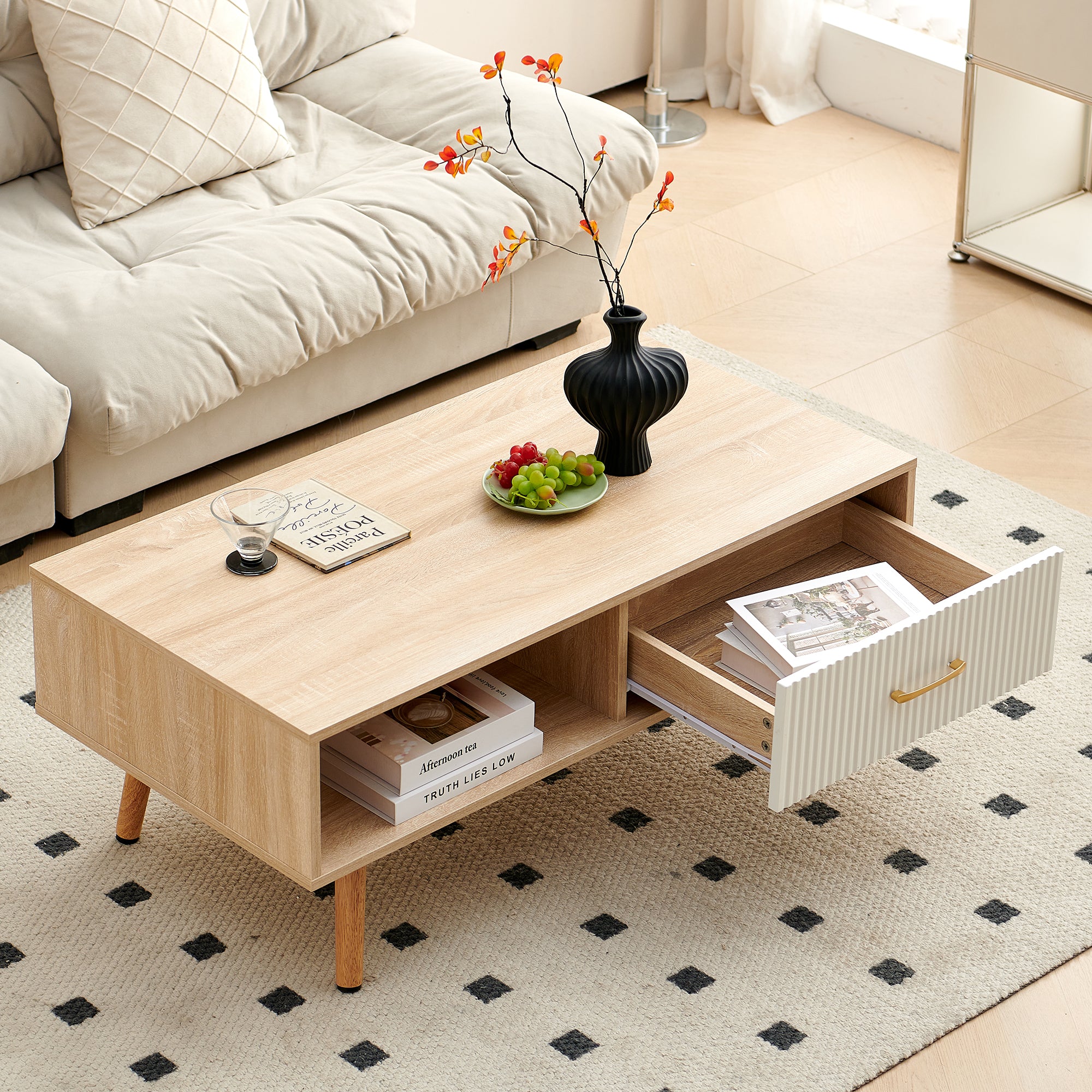 Pefelife Coffee Table with Storage and Sliding Rattan Door Panel, Natural Tabletop