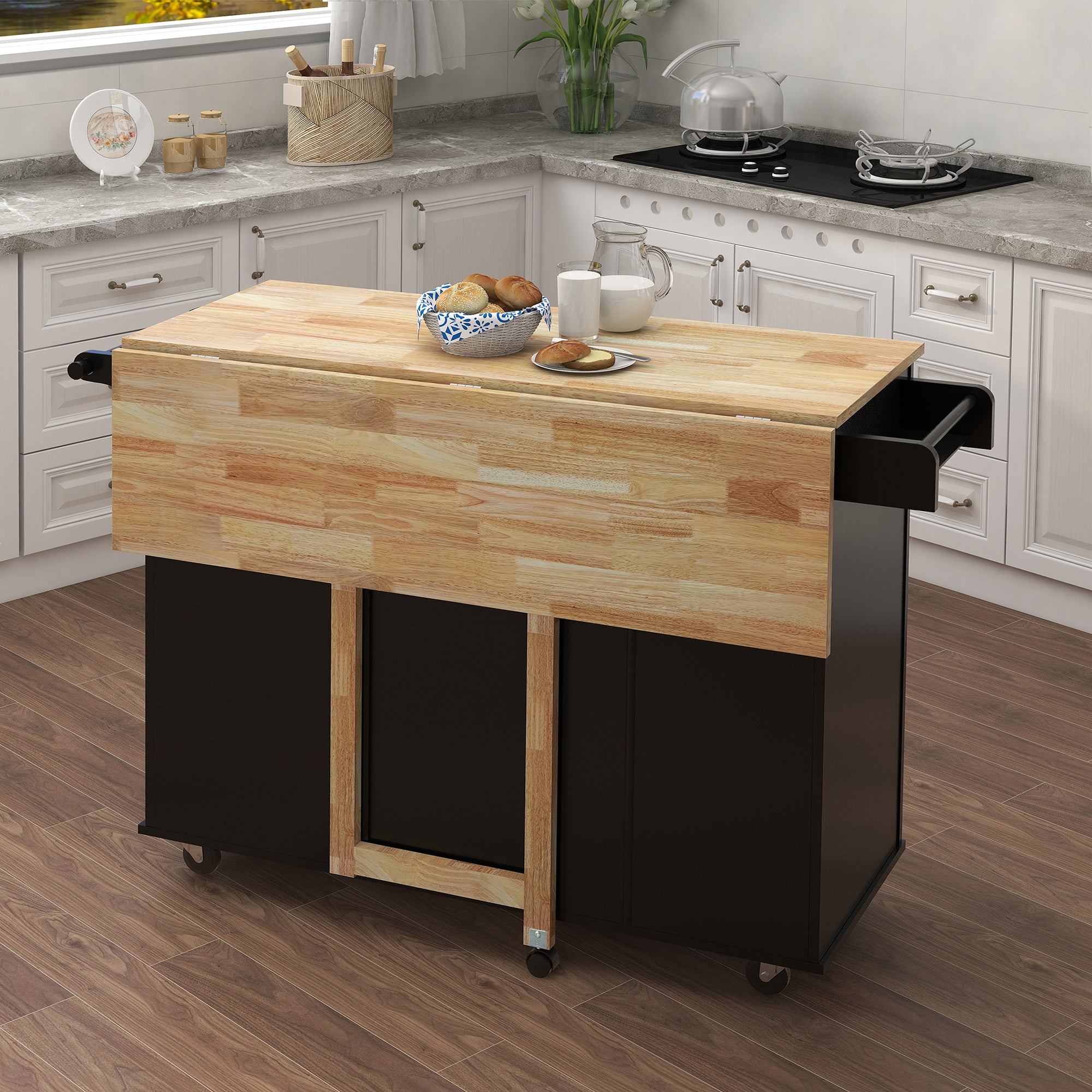 Pefelife Kitchen Island with Expandable Solid Wood Folding Table Top