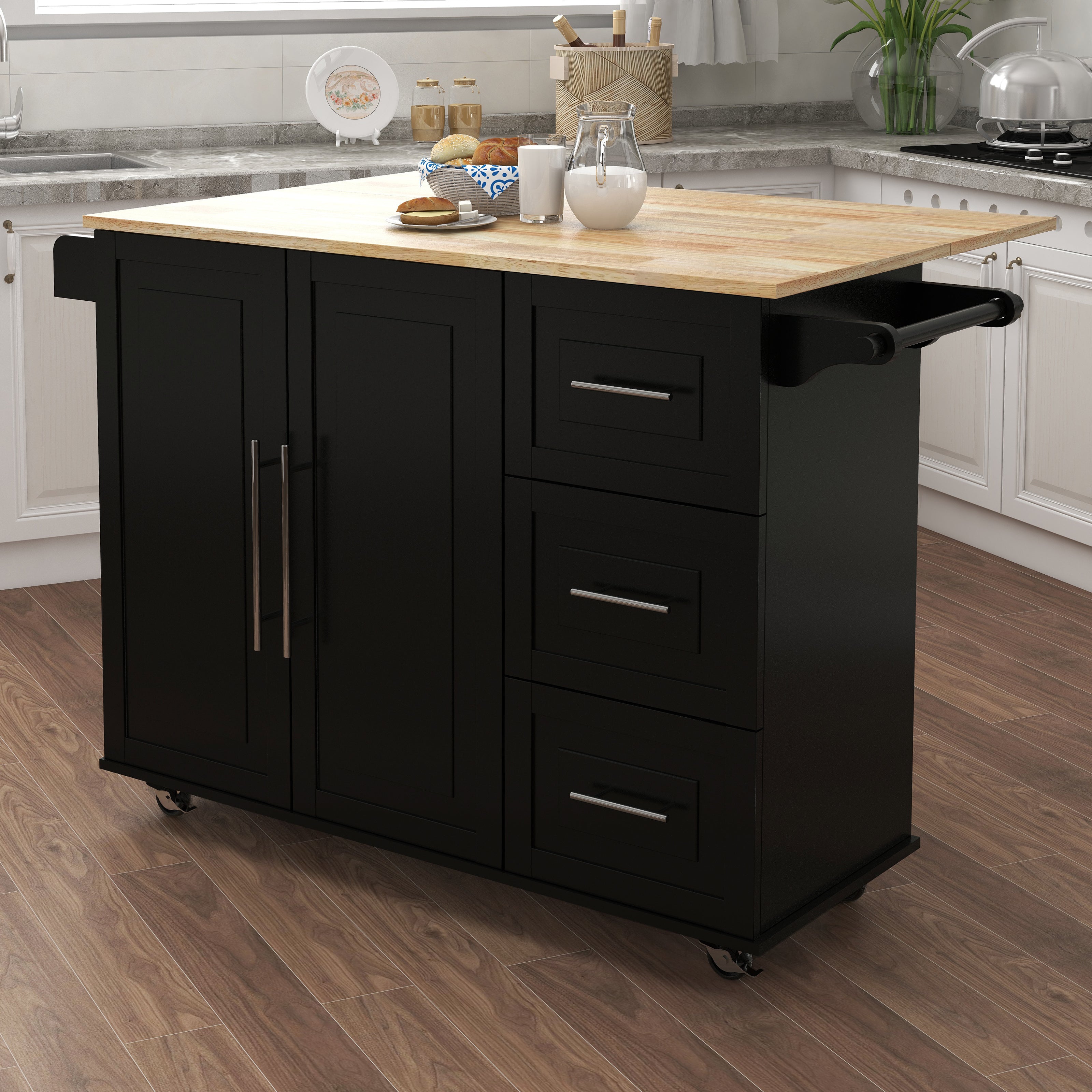 Pefelife Kitchen Island with Expandable Solid Wood Folding Table Top