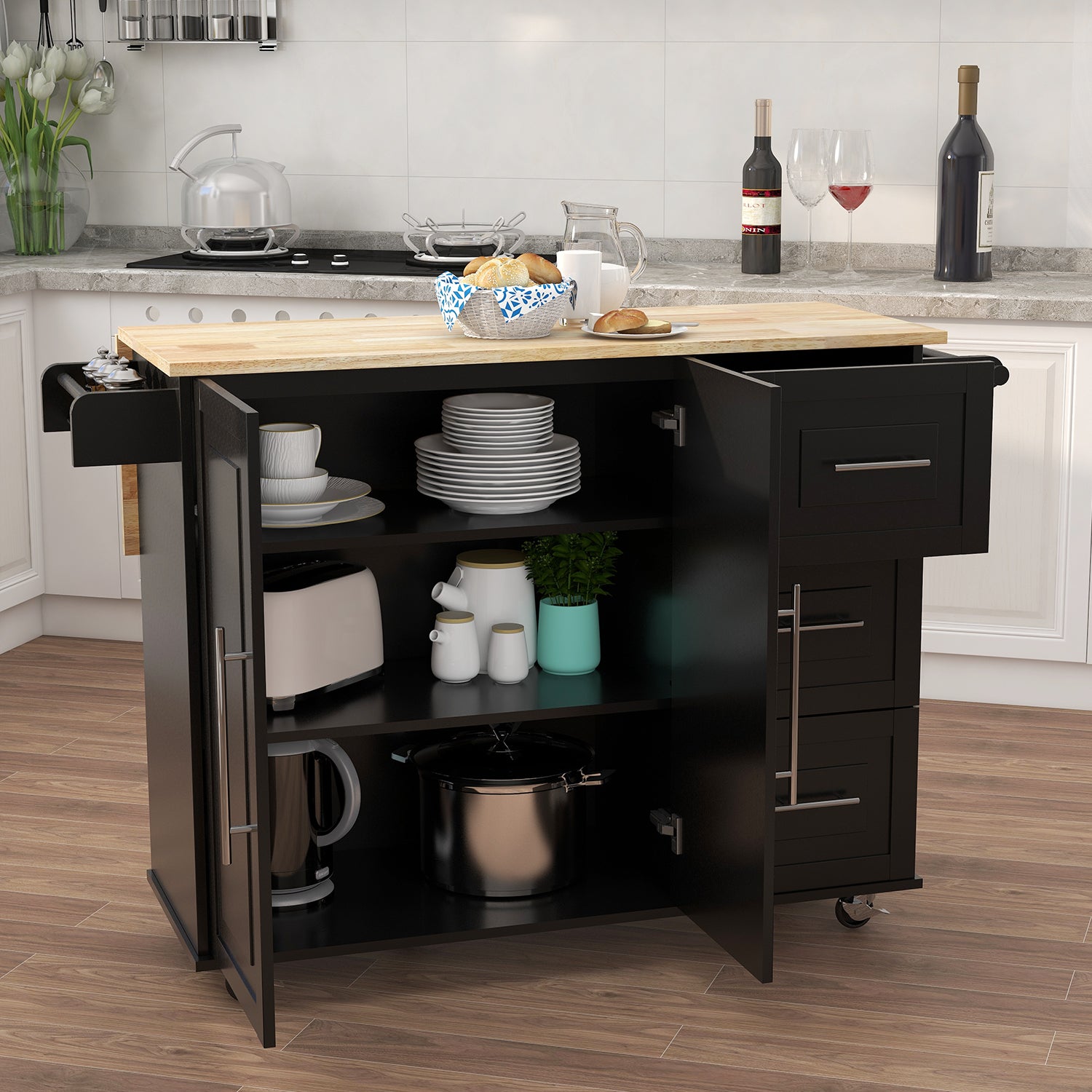 Pefelife Kitchen Island with Expandable Solid Wood Folding Table Top