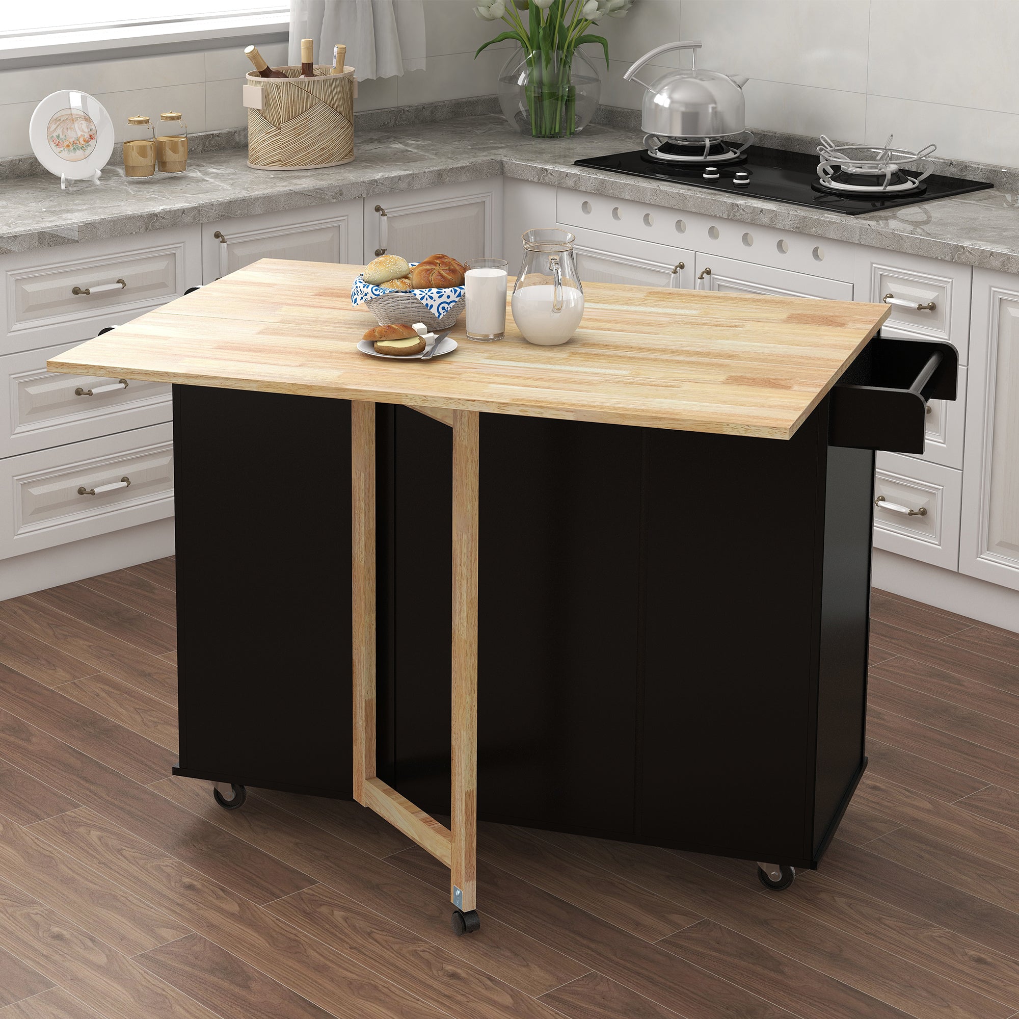 Pefelife Kitchen Island with Expandable Solid Wood Folding Table Top