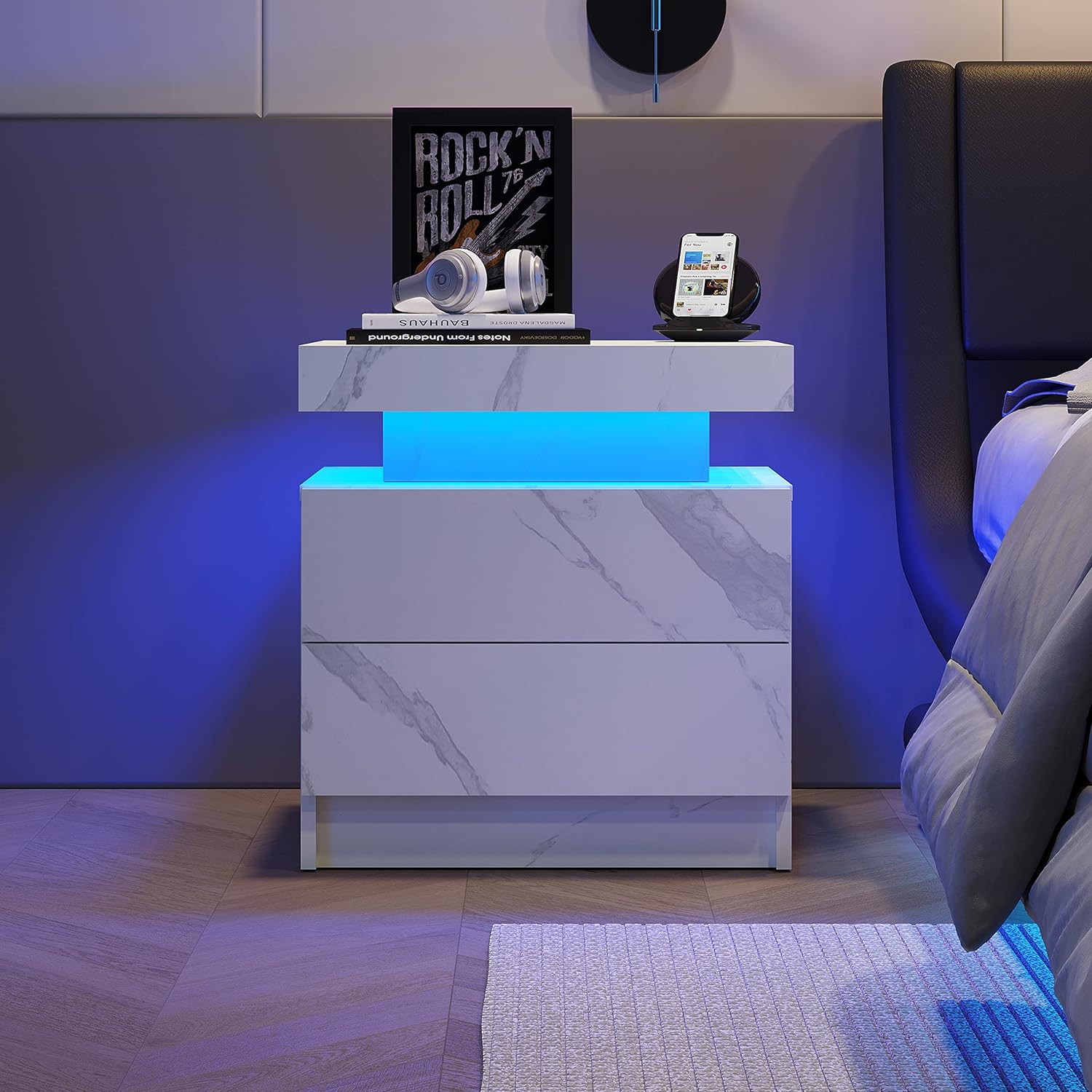 Pefelife Marble Nightstand LED Bedside Table Cabinet Lights Modern