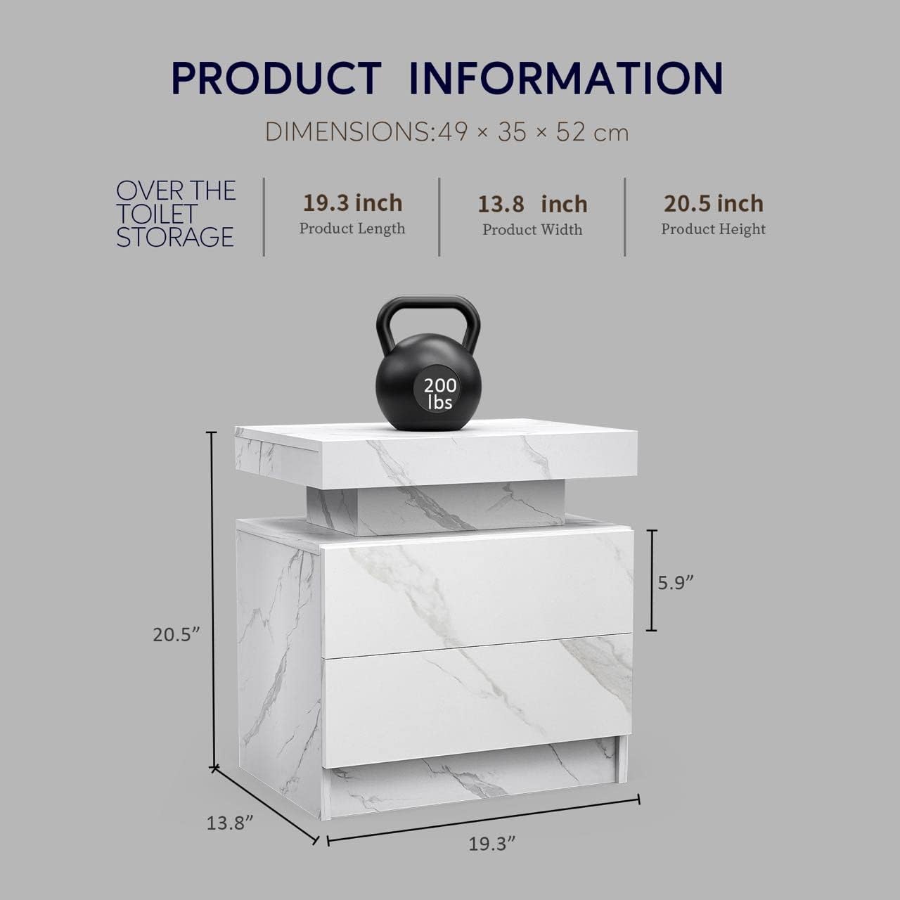 Pefelife Marble Nightstand LED Bedside Table Cabinet Lights Modern