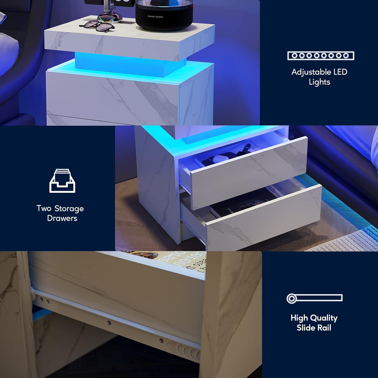 Pefelife Marble Nightstand LED Bedside Table Cabinet Lights Modern