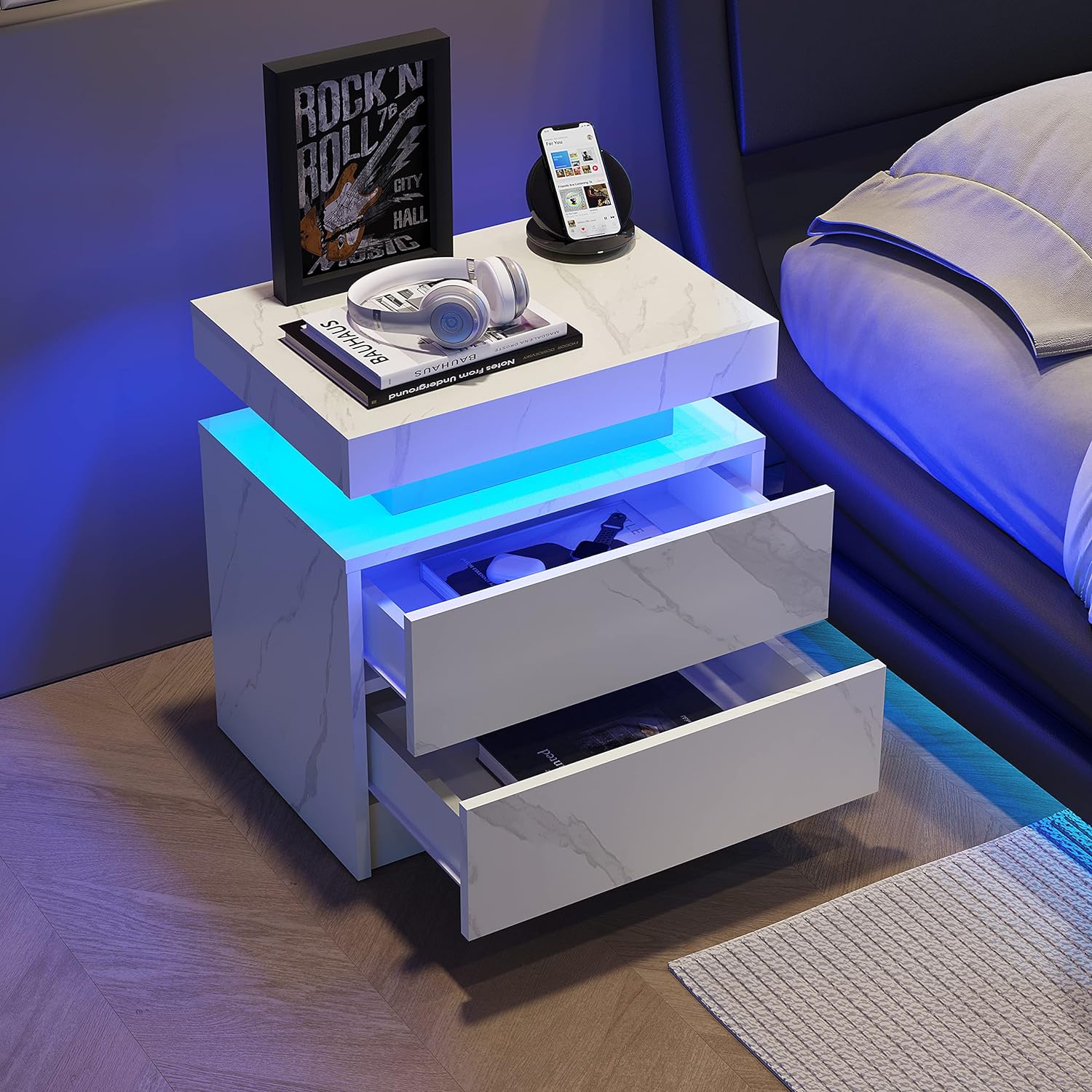 Pefelife Marble Nightstand LED Bedside Table Cabinet Lights Modern