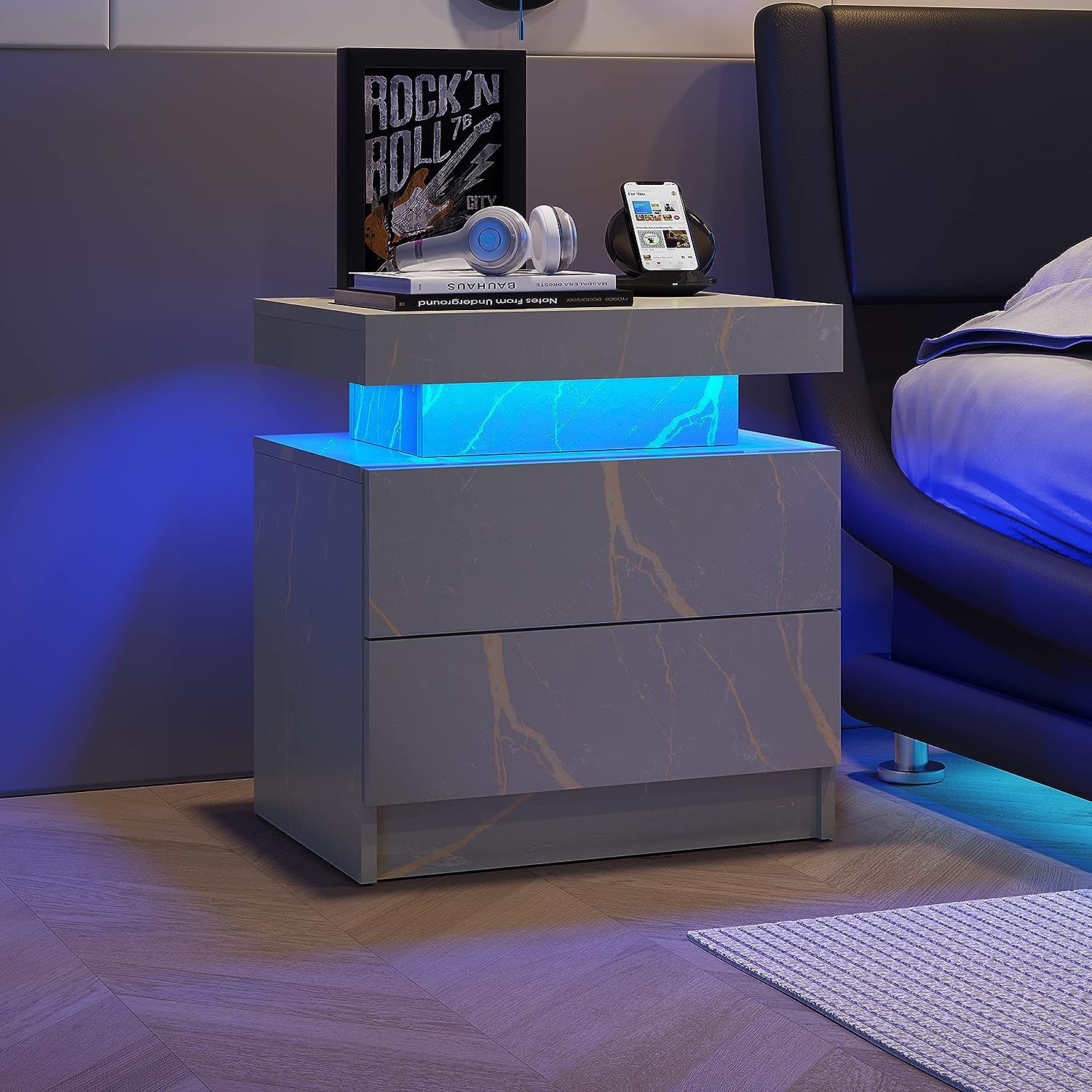 Pefelife Marble Nightstand LED Bedside Table Cabinet Lights Modern