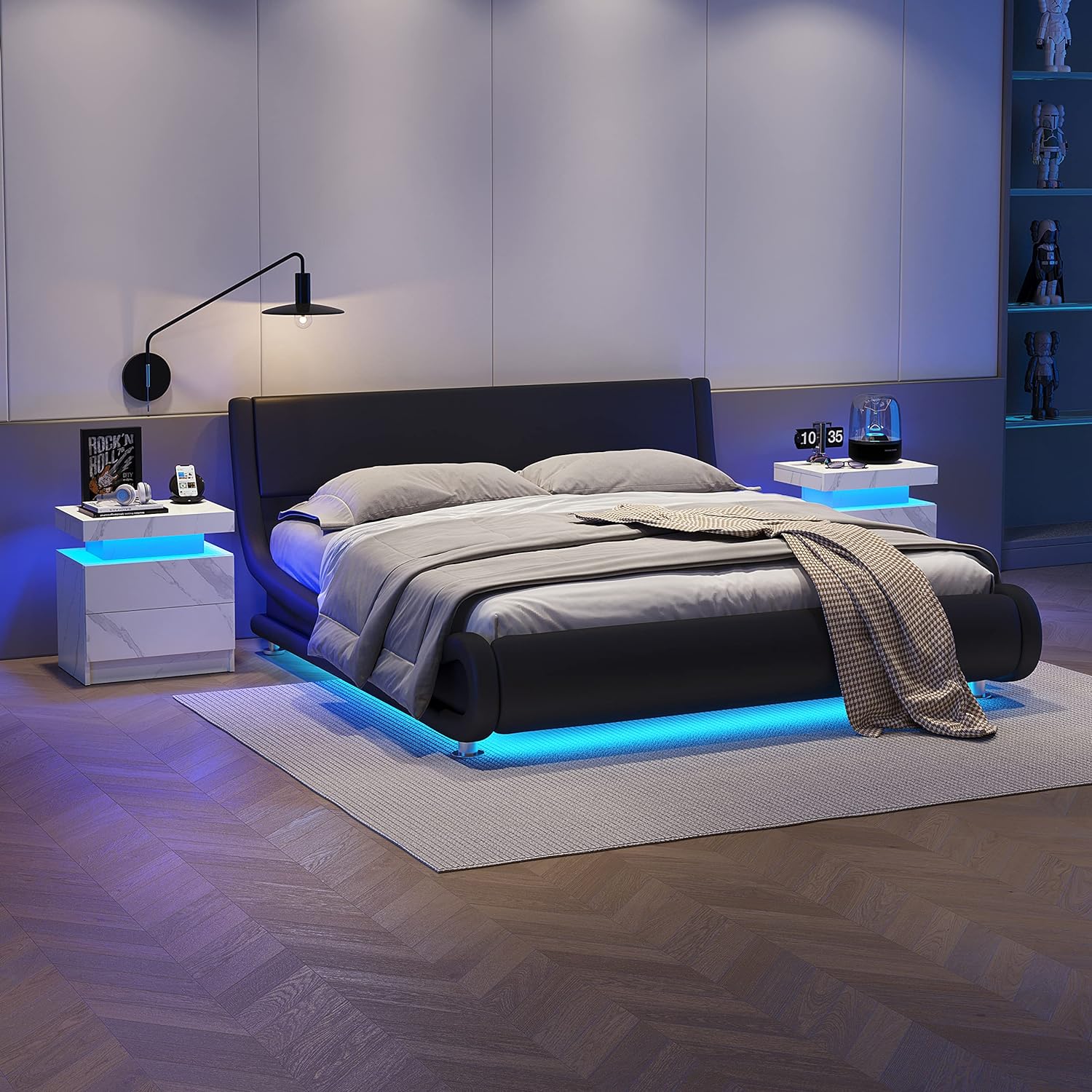 Pefelife Marble Nightstand LED Bedside Table Cabinet Lights Modern