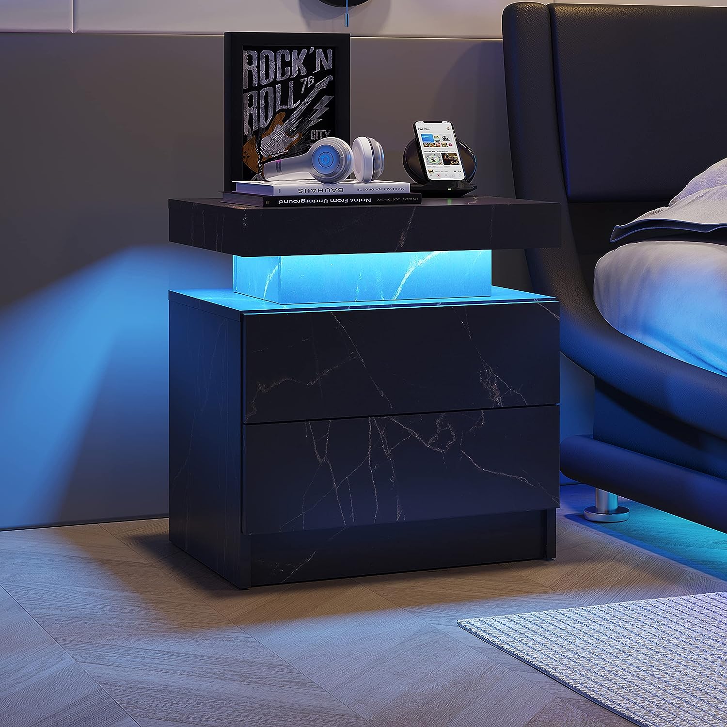 Pefelife Marble Nightstand LED Bedside Table Cabinet Lights Modern