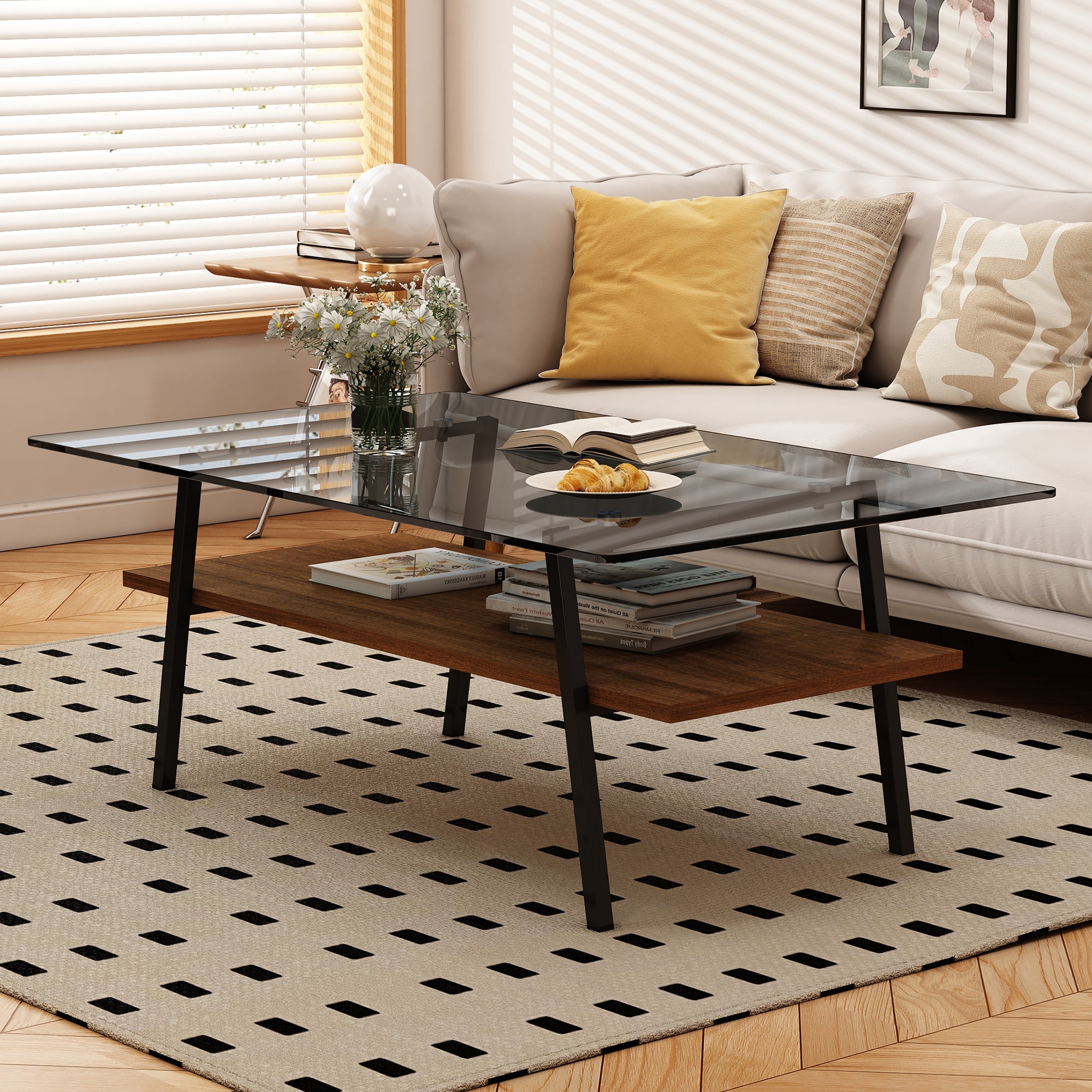Pefelife Rectangle Coffee Table, Gray Tempered Glass Tabletop with Black Metal Legs