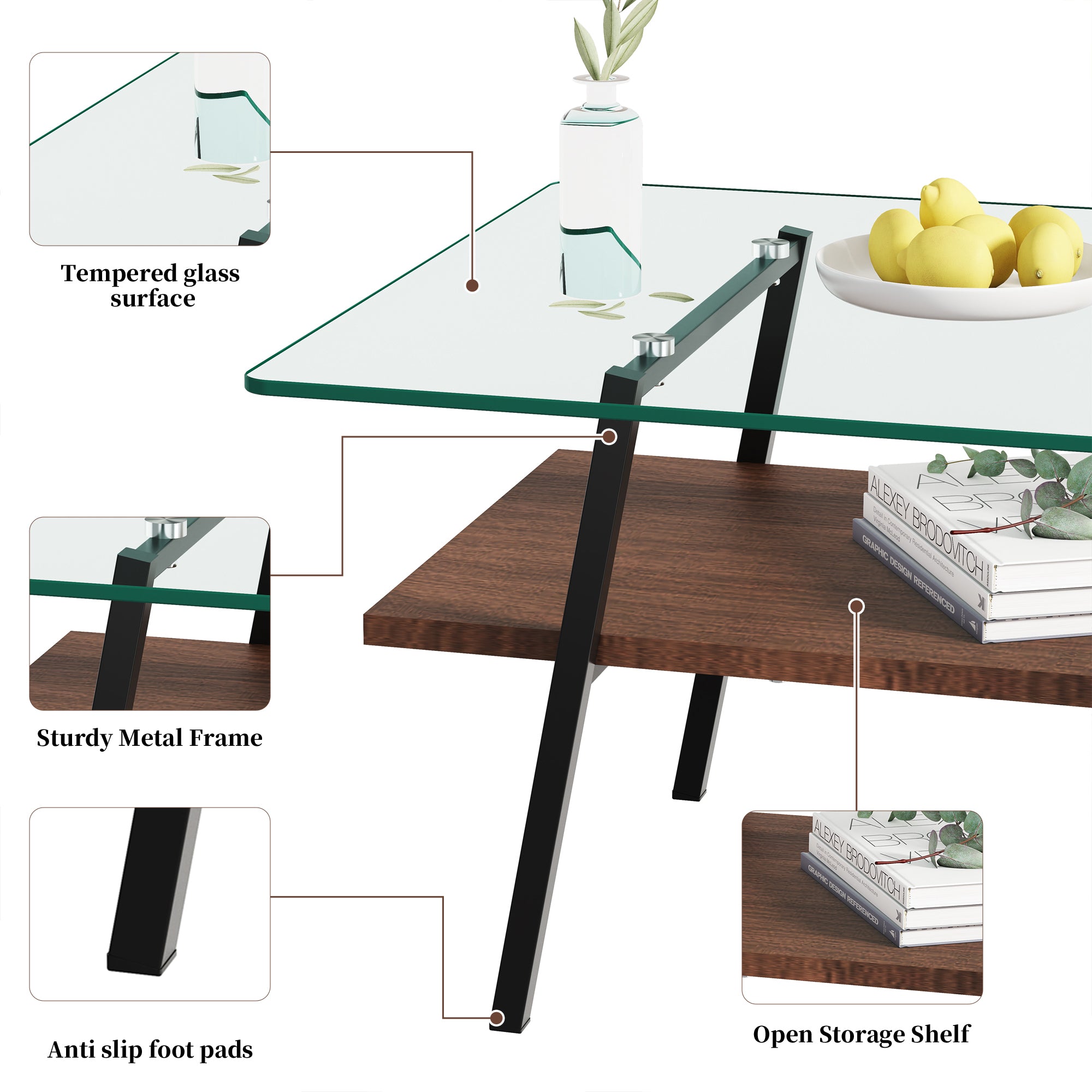 Pefelife Tempered Glass Coffee Table with 2-Tier Storage & Walnut Wood Shelf