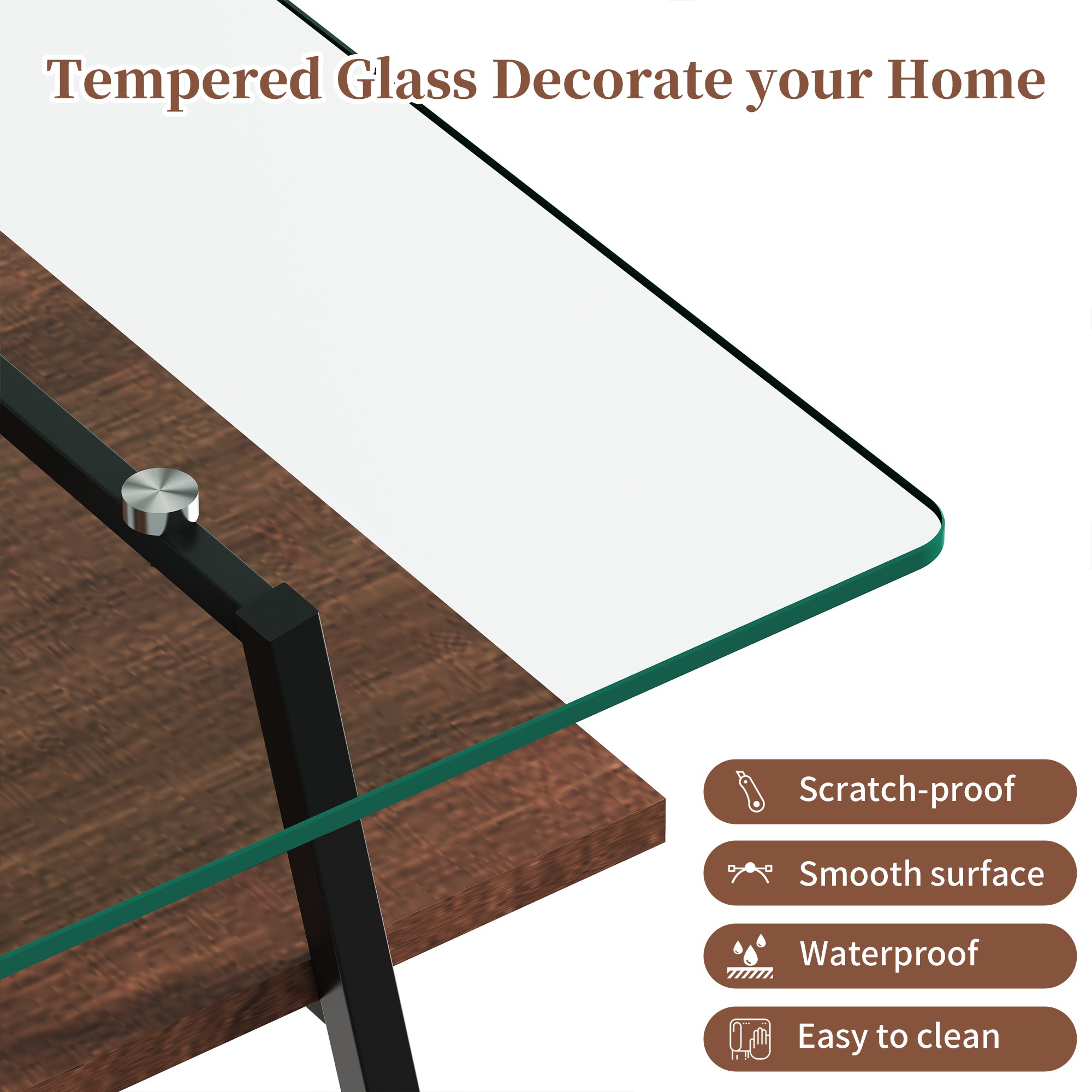 Pefelife Tempered Glass Coffee Table with 2-Tier Storage & Walnut Wood Shelf