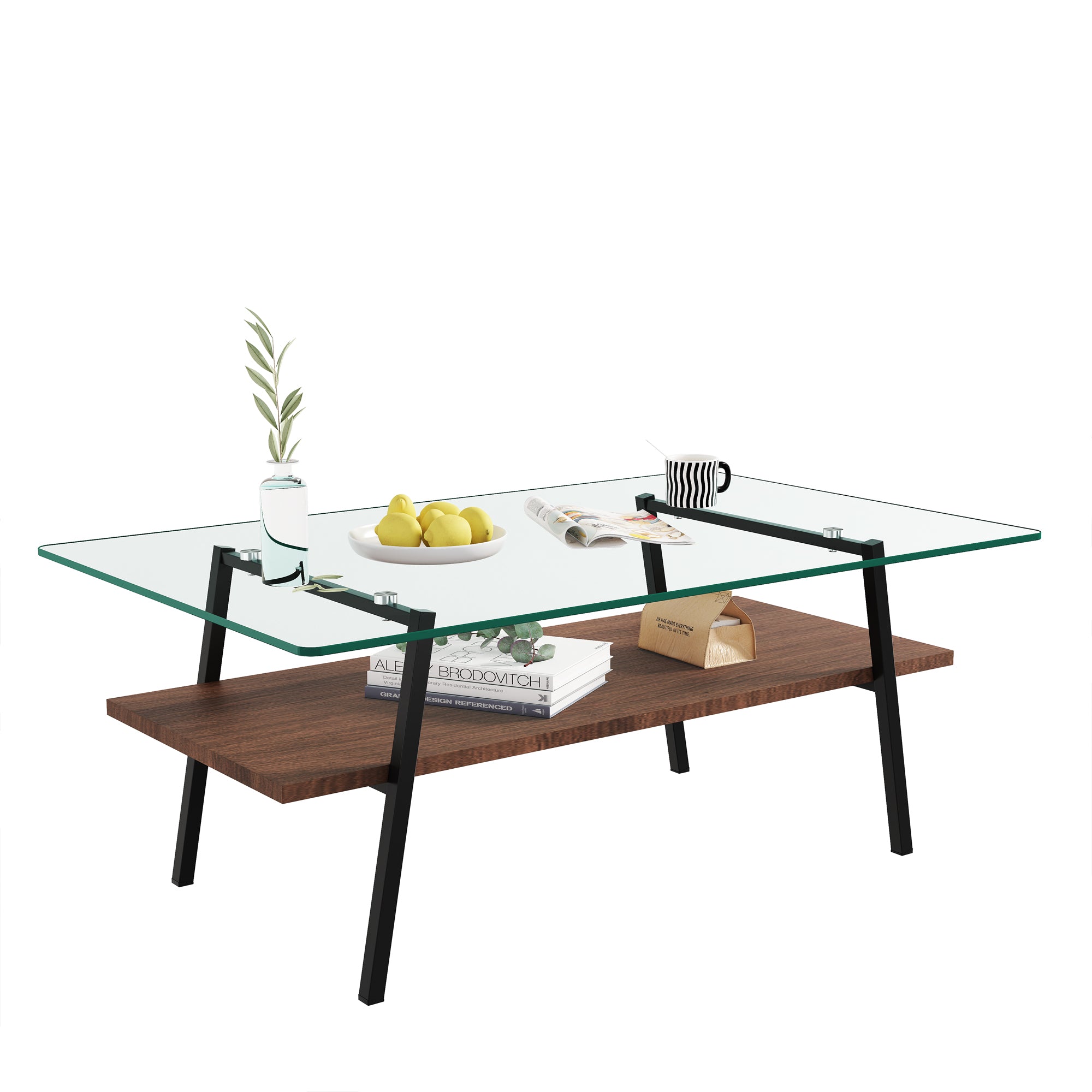 Pefelife Tempered Glass Coffee Table with 2-Tier Storage & Walnut Wood Shelf