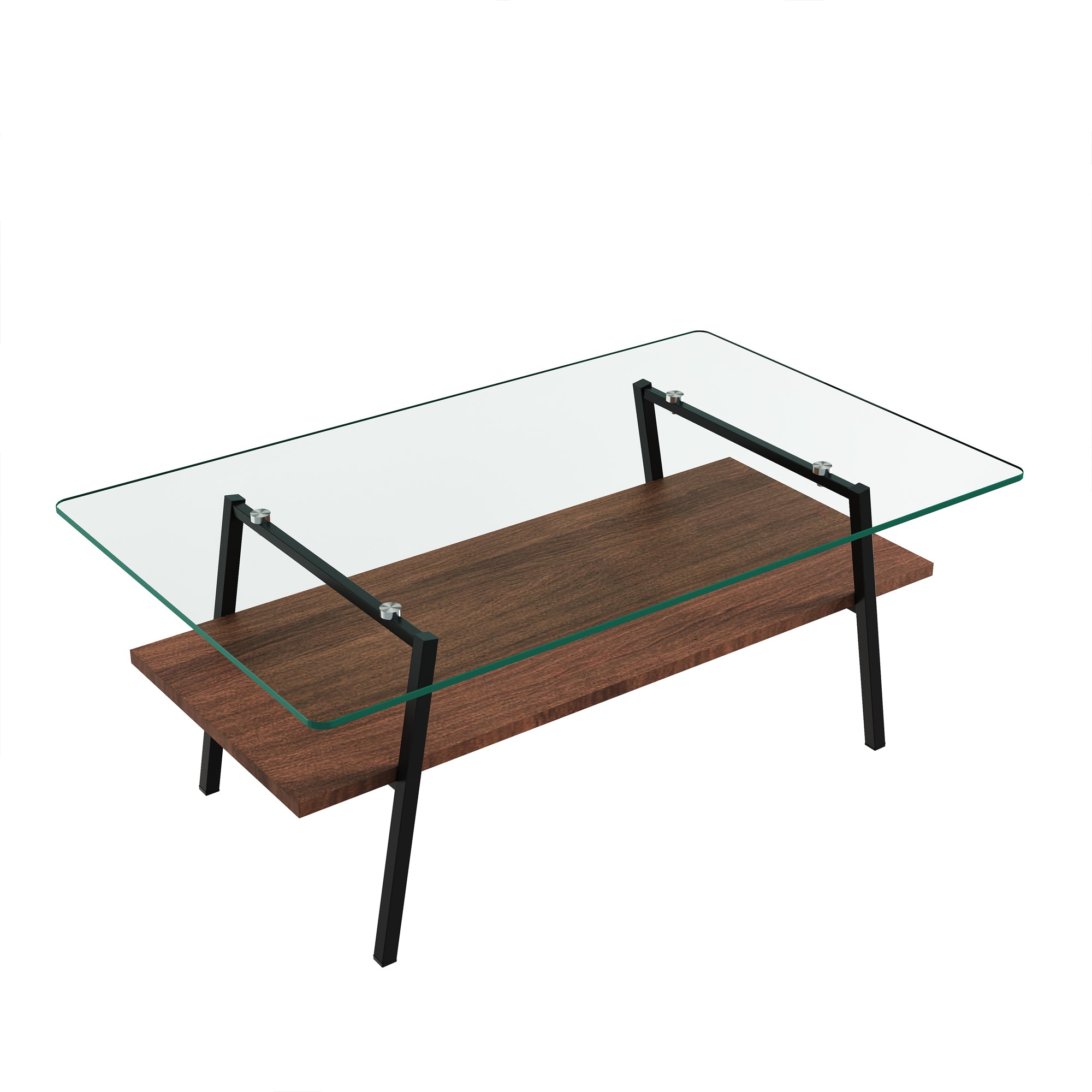 Pefelife Tempered Glass Coffee Table with 2-Tier Storage & Walnut Wood Shelf