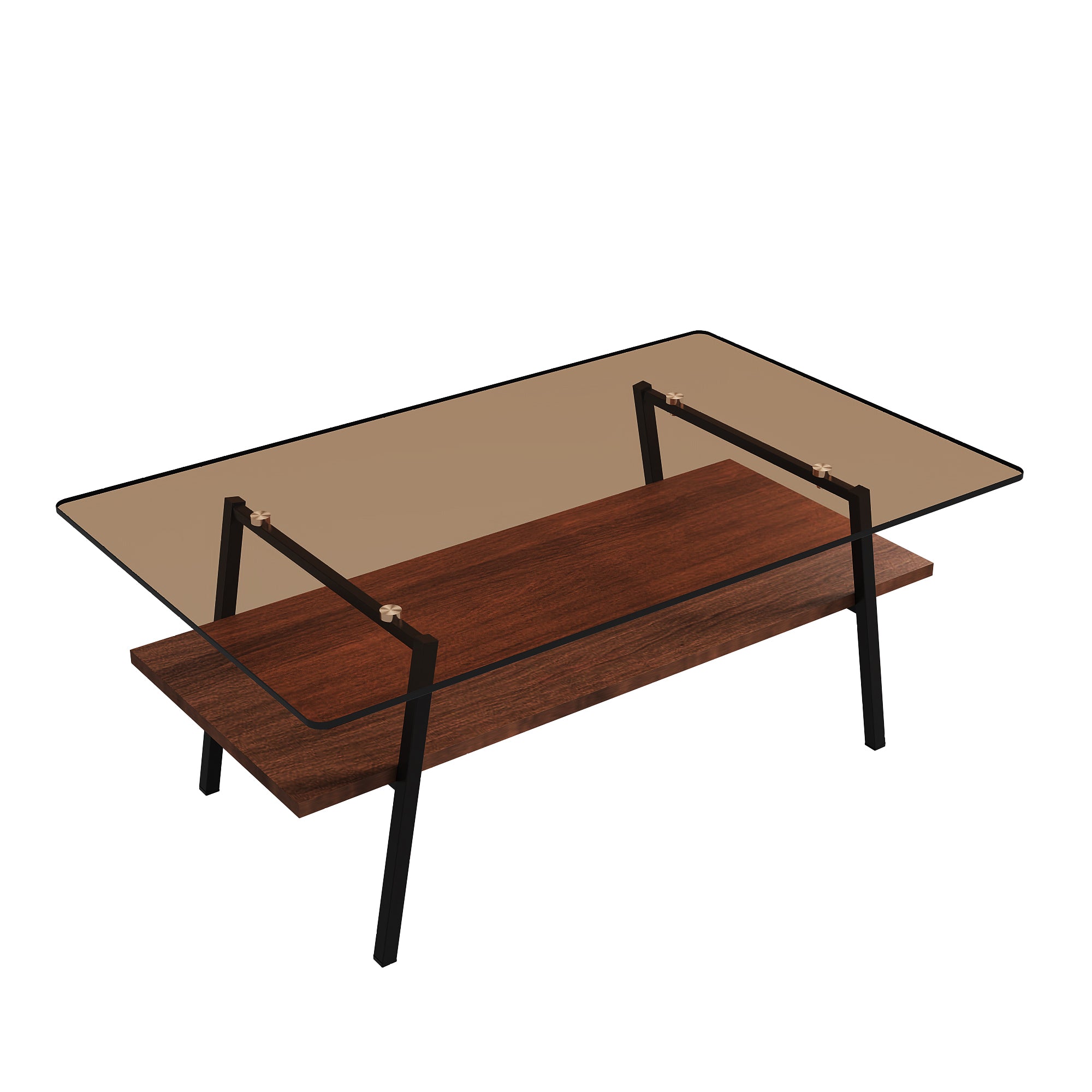 Pefelife Rectangle Coffee Table, Brown Tempered Glass Tabletop with Black Metal Legs