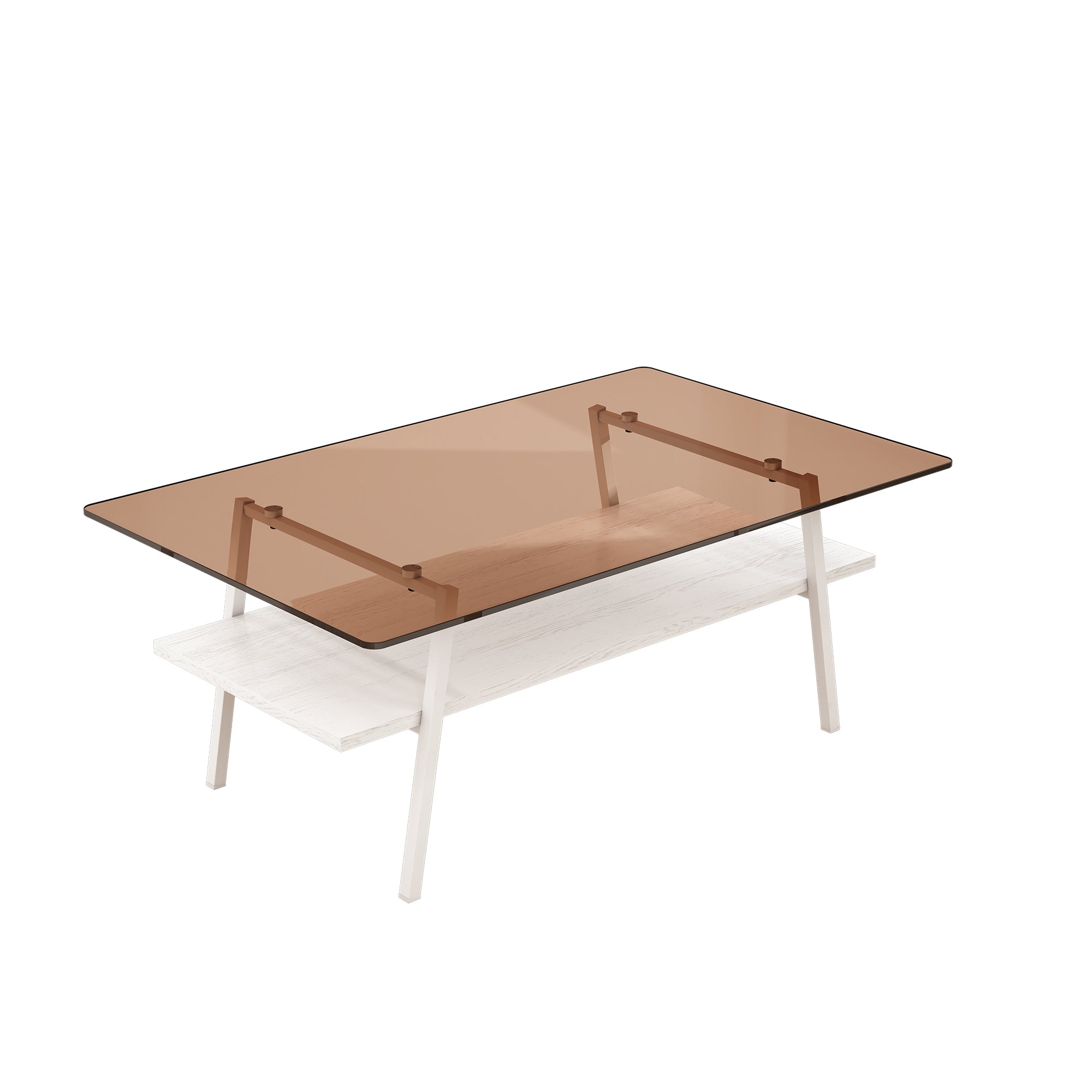 Pefelife Rectangle Coffee Table, Brown Tempered Glass Tabletop with Black Metal Legs