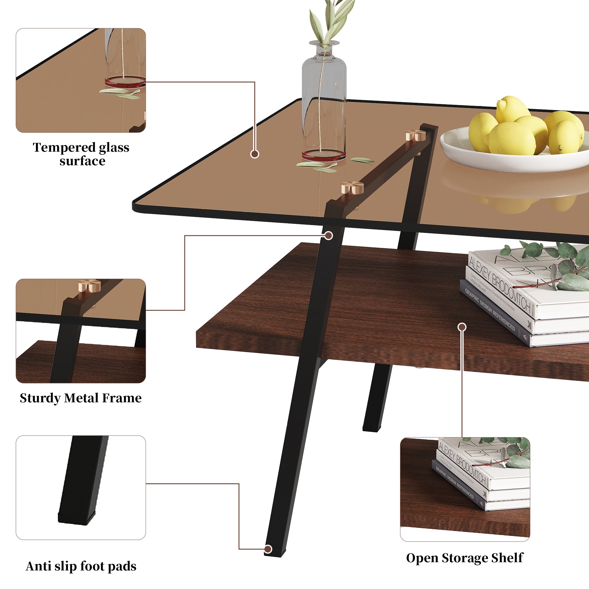 Pefelife Rectangle Coffee Table, Brown Tempered Glass Tabletop with Black Metal Legs