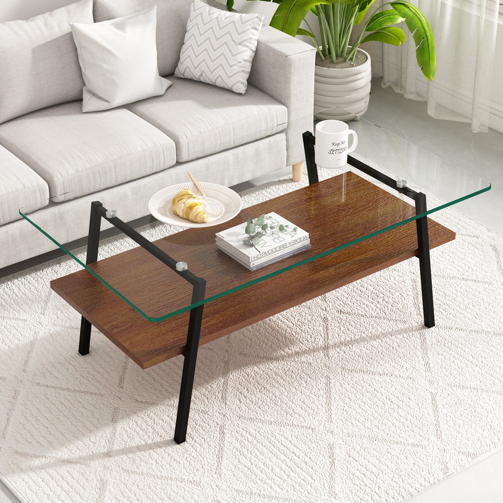 Pefelife Tempered Glass Coffee Table with 2-Tier Storage & Walnut Wood Shelf