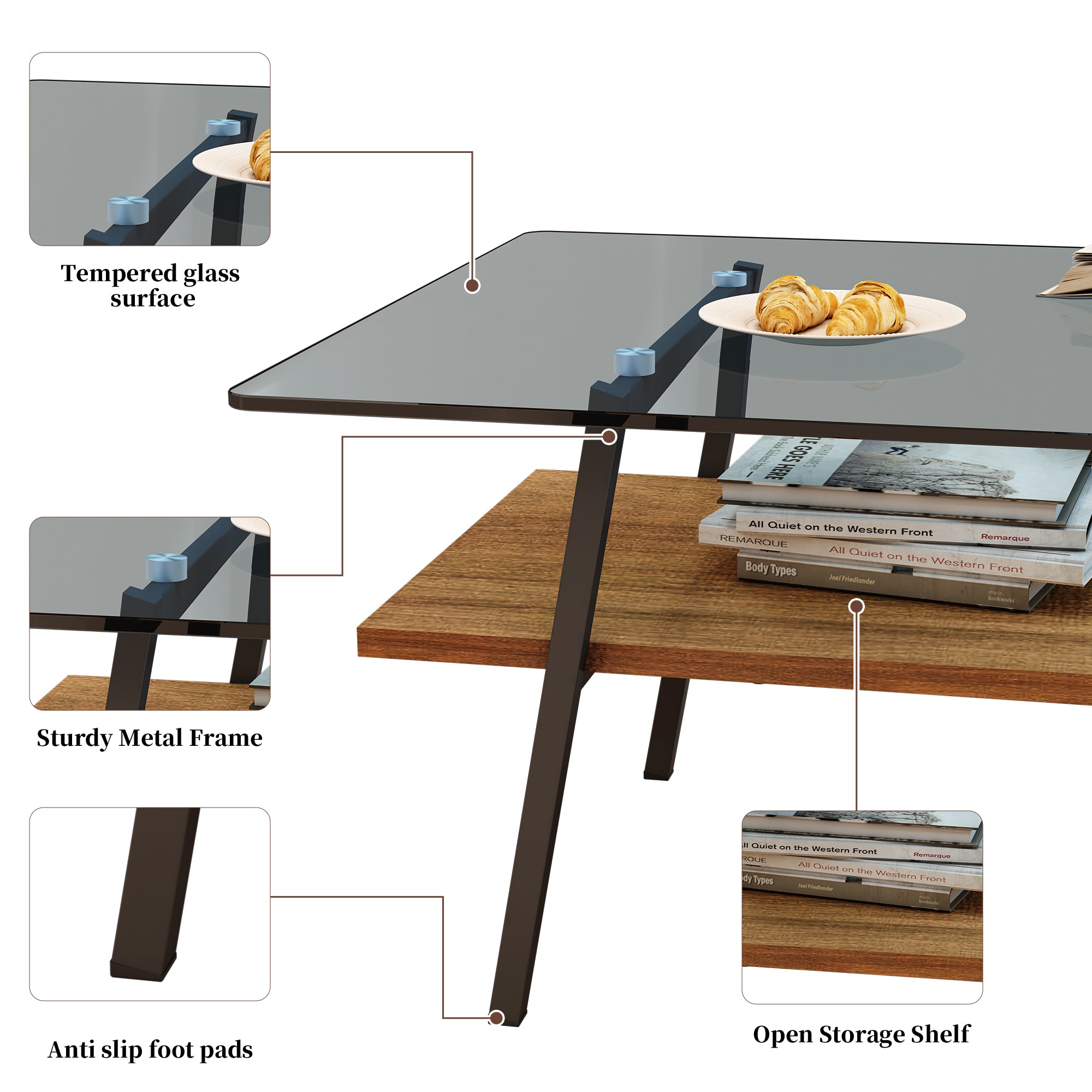 Pefelife Rectangle Coffee Table, Gray Tempered Glass Tabletop with Black Metal Legs