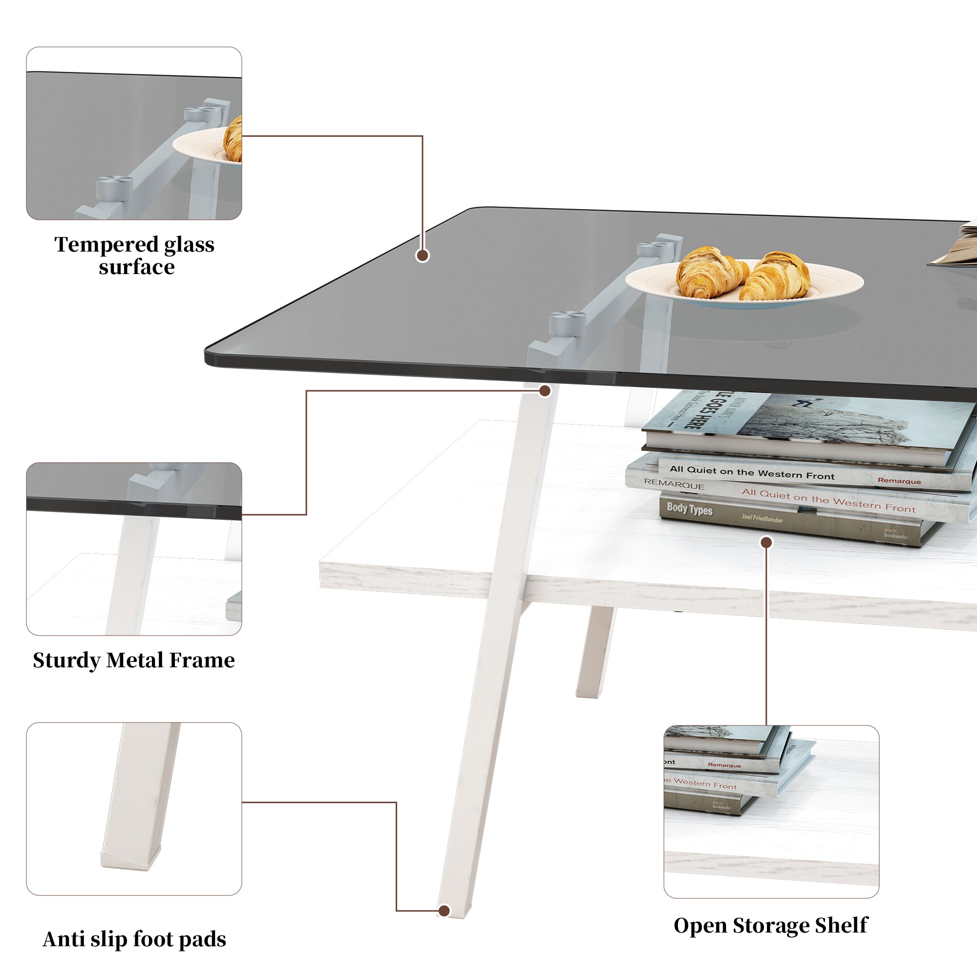Pefelife Coffee Table Set and End Tables Set with Tempered Glass Tabletop and Metal Frame