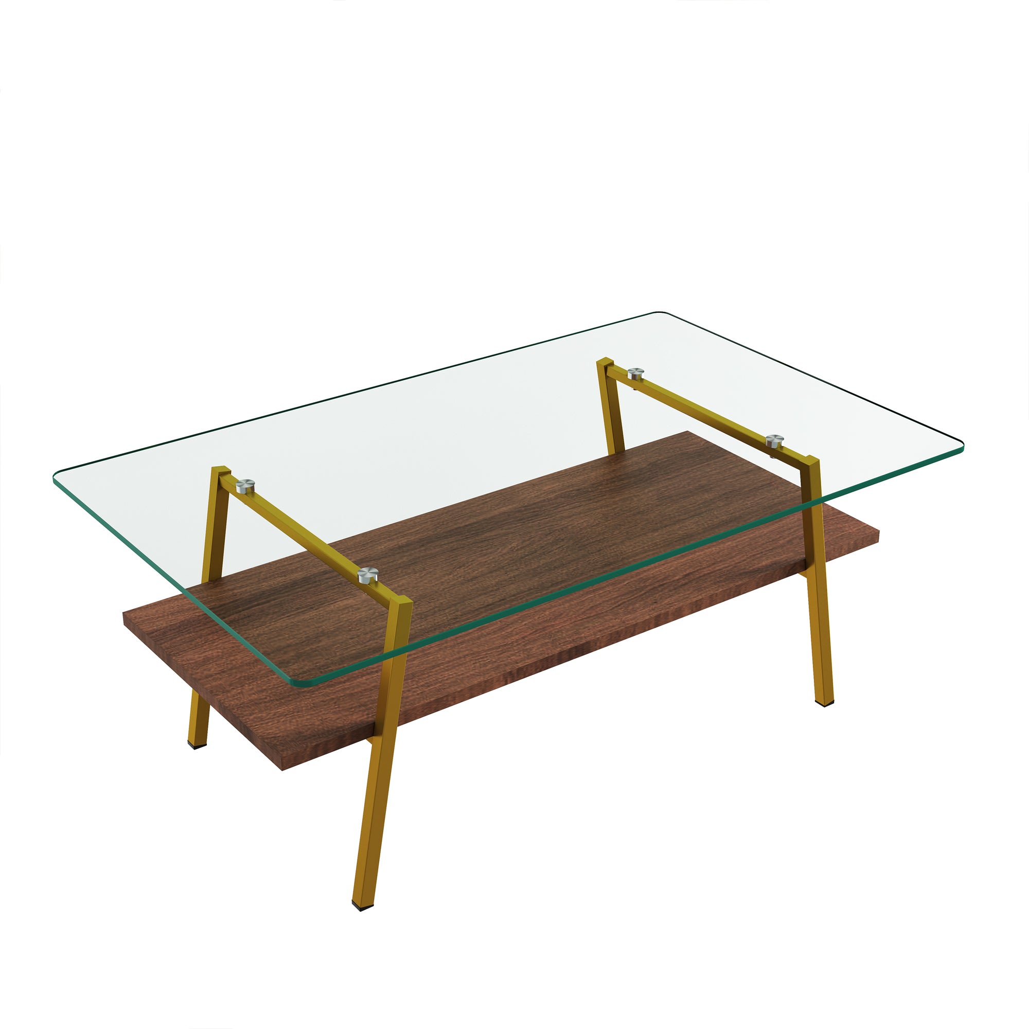 Pefelife Tempered Glass Coffee Table with 2-Tier Storage & Walnut Wood Shelf