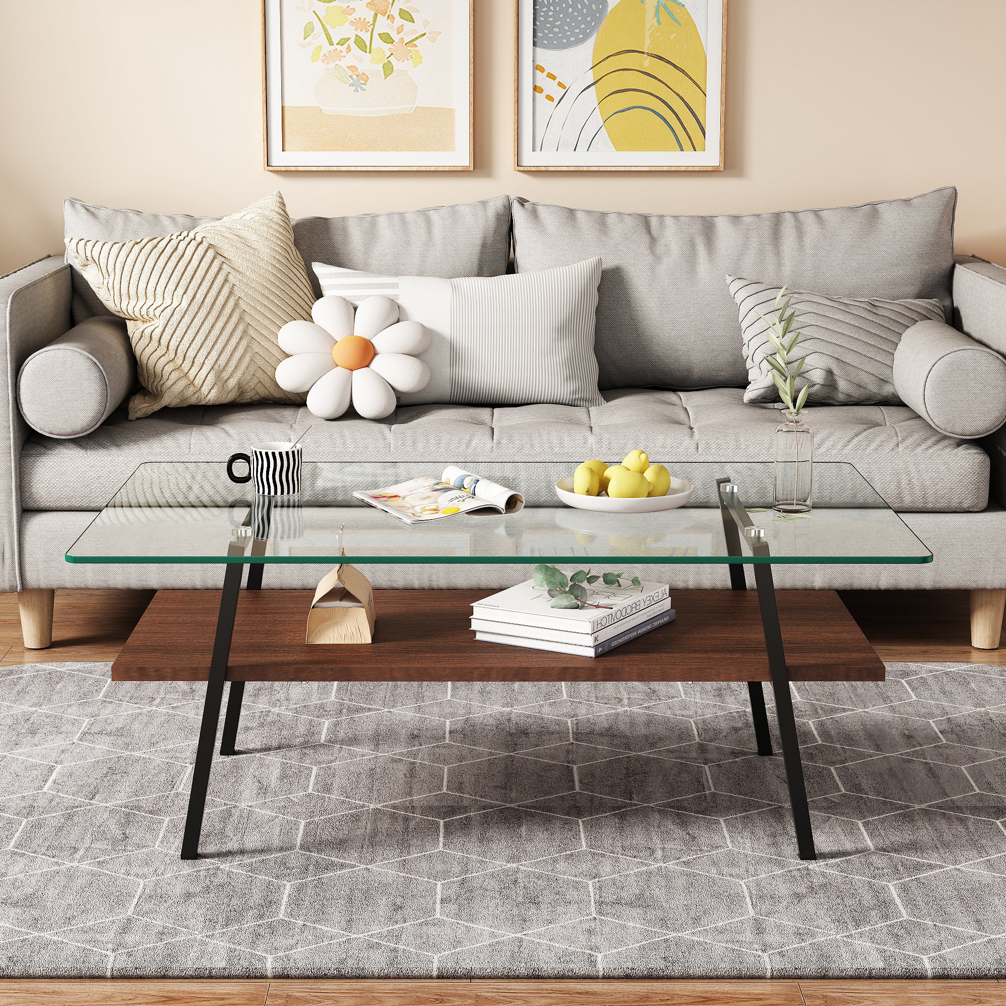 Pefelife Tempered Glass Coffee Table with 2-Tier Storage & Walnut Wood Shelf