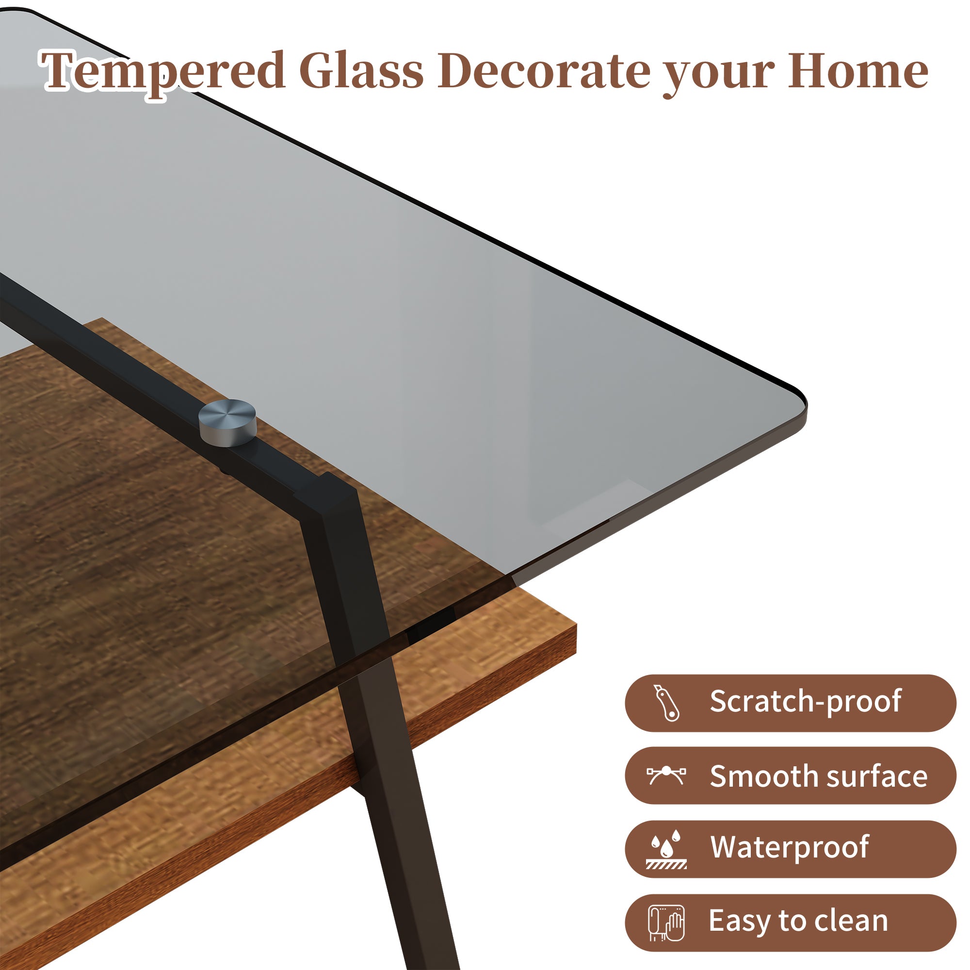 Pefelife Rectangle Coffee Table, Gray Tempered Glass Tabletop with Black Metal Legs